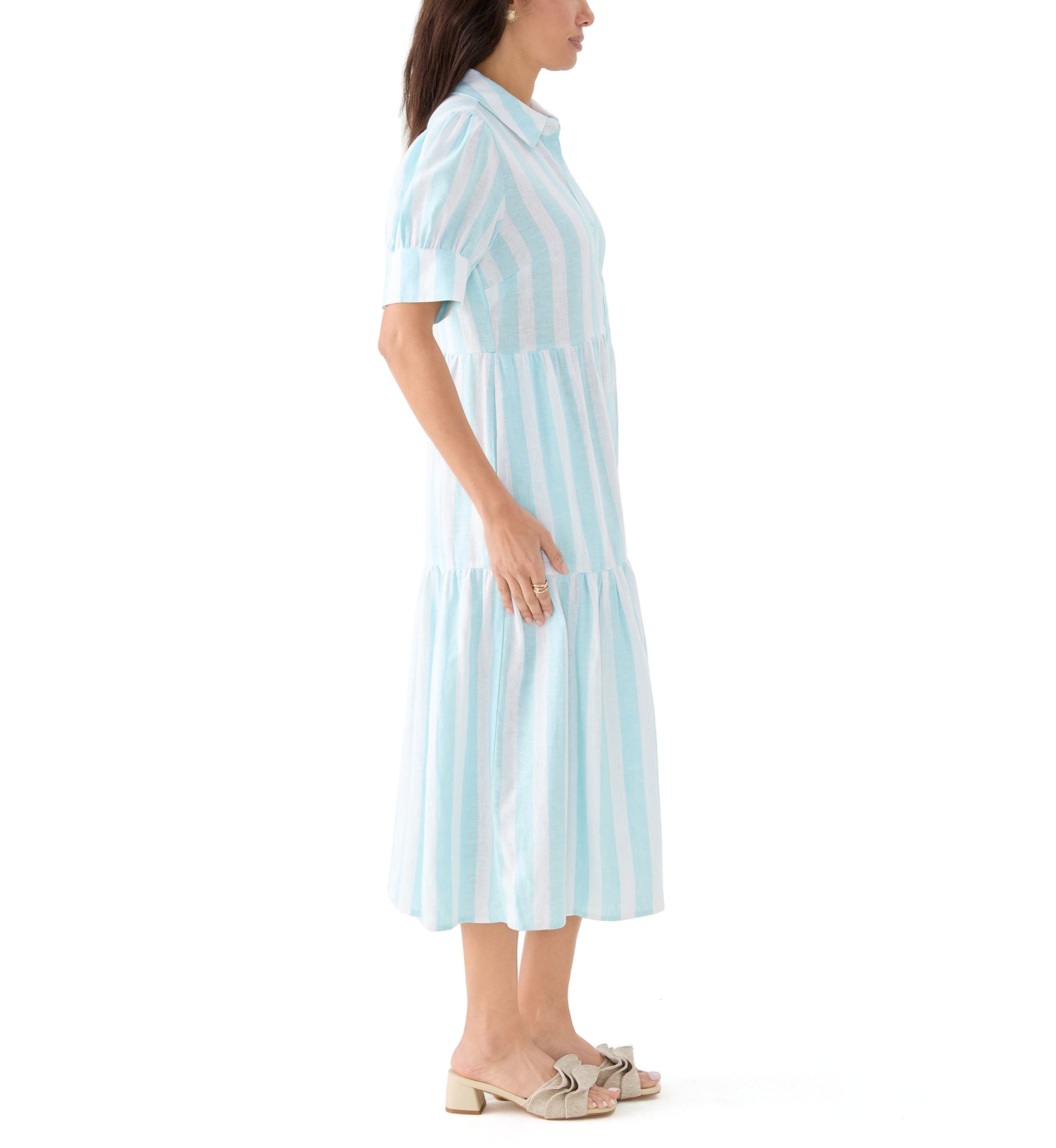Womens Short Sleeve Tiered Striped Shirtdress 