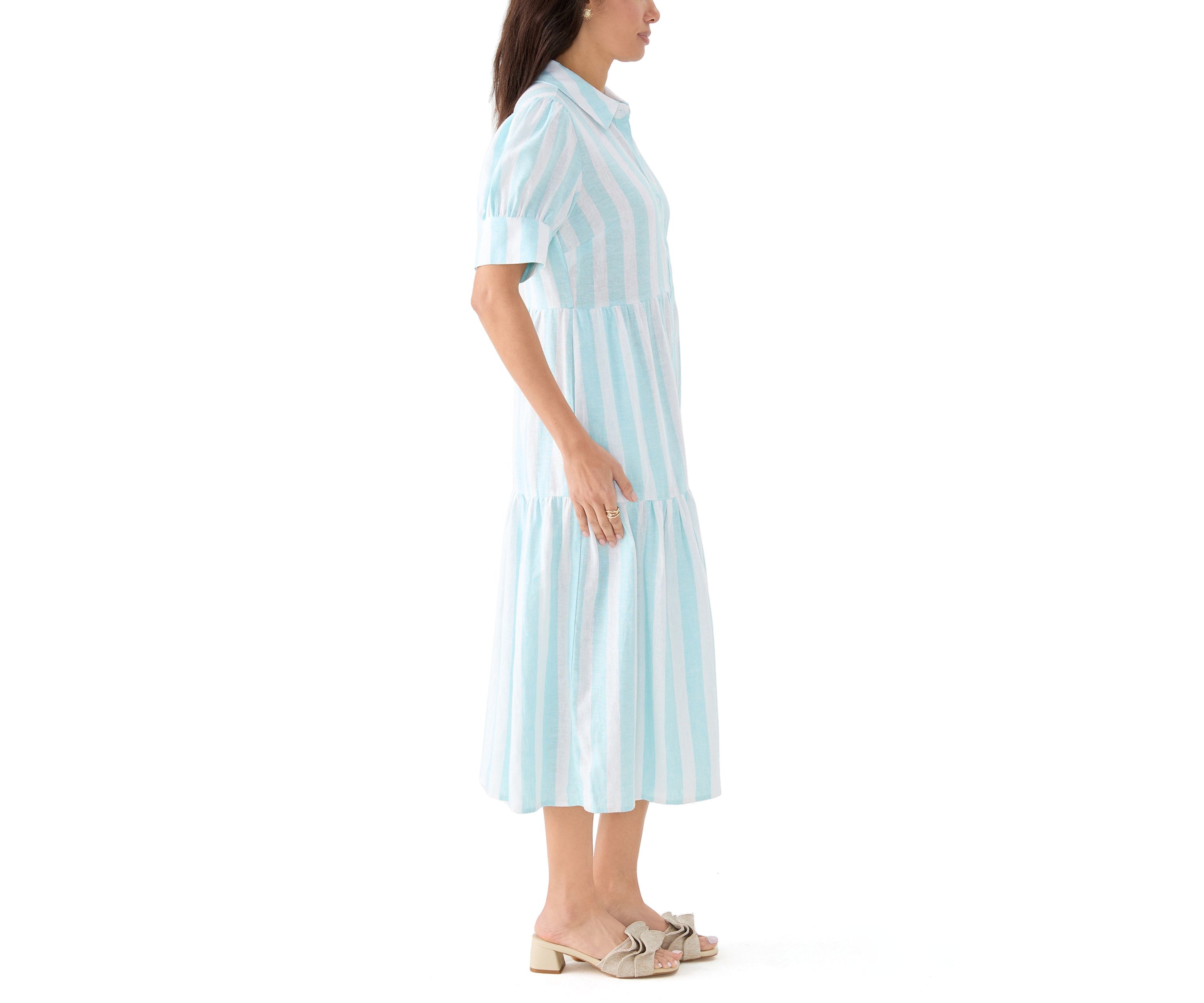 Womens Short Sleeve Tiered Striped Shirtdress 
