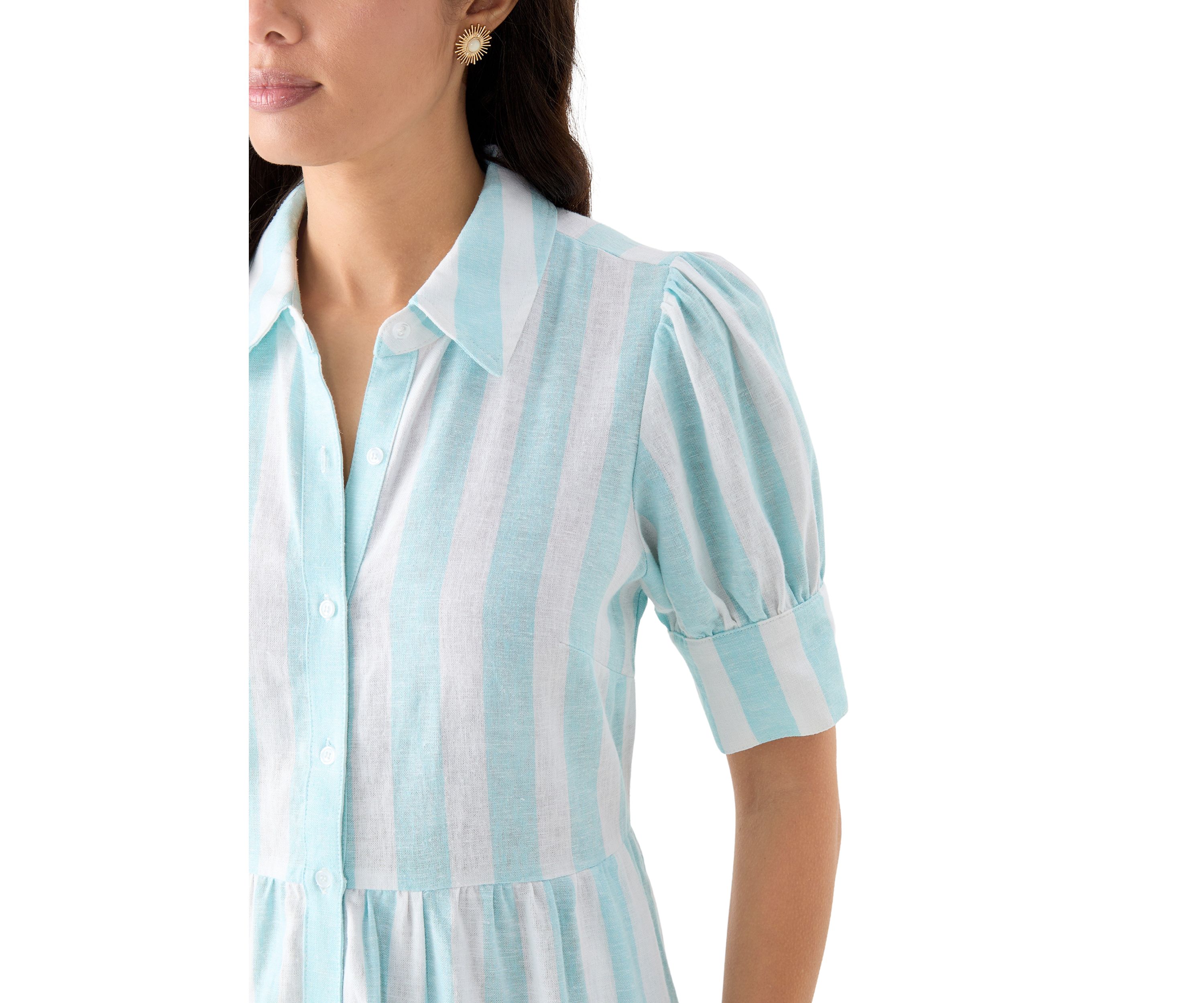 Womens Short Sleeve Tiered Striped Shirtdress 