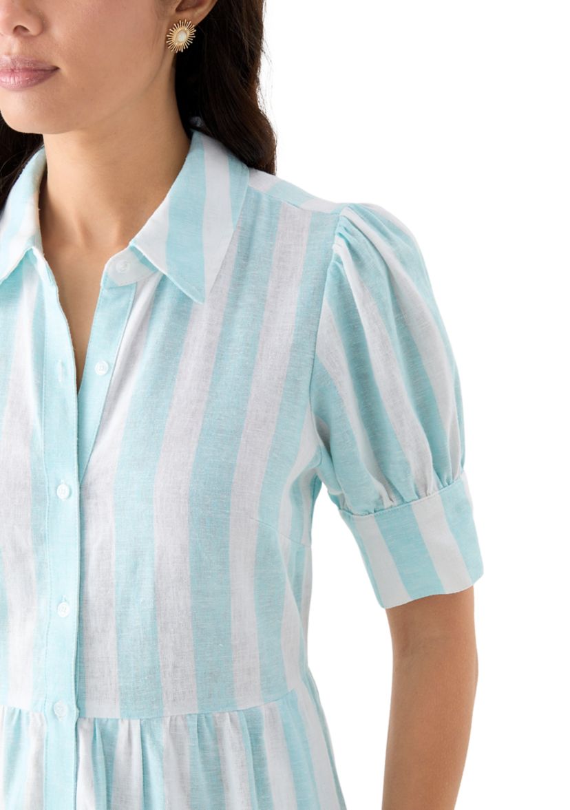 Womens Short Sleeve Tiered Striped Shirtdress 