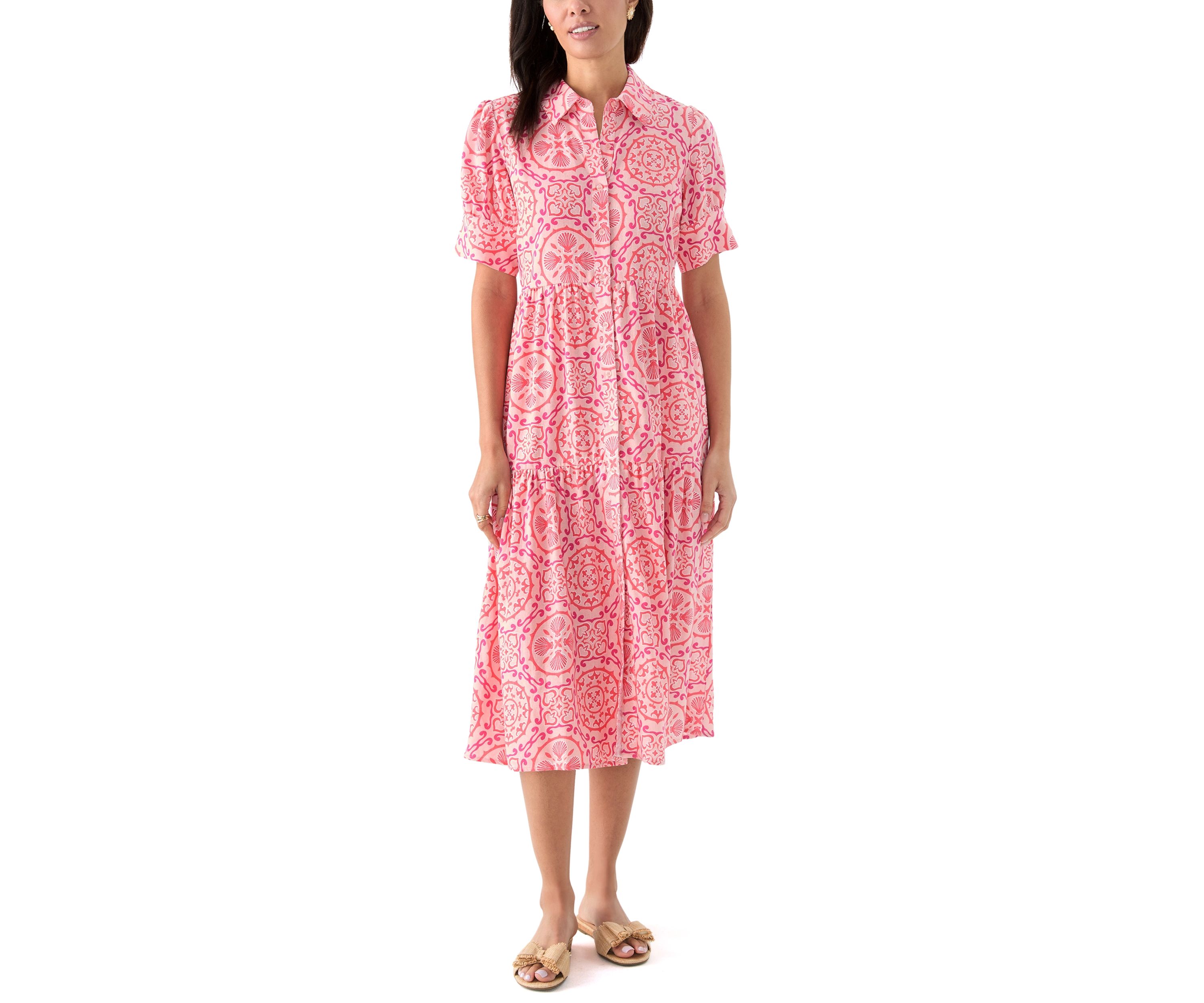 Womens Short Sleeve Tiered Shirtdress 