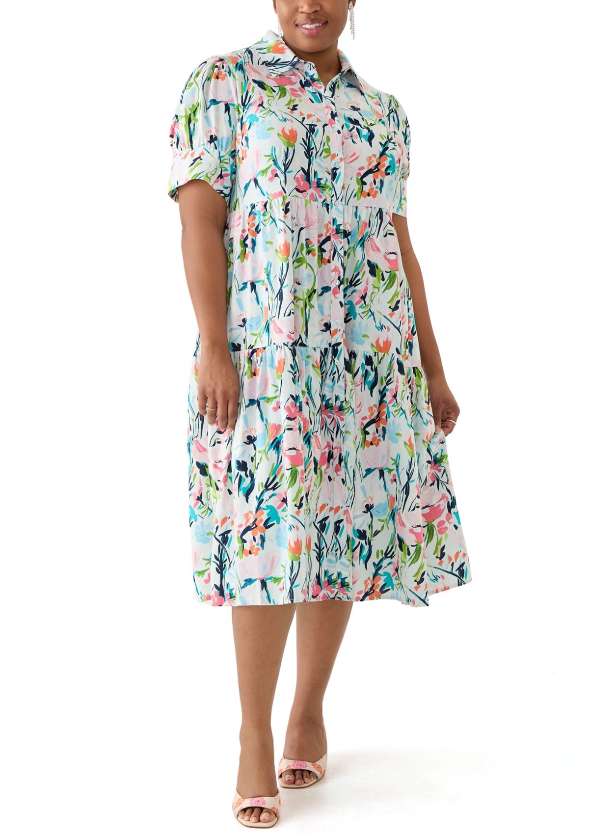 Plus Size Short Sleeve Tiered Linen Shirtdress
