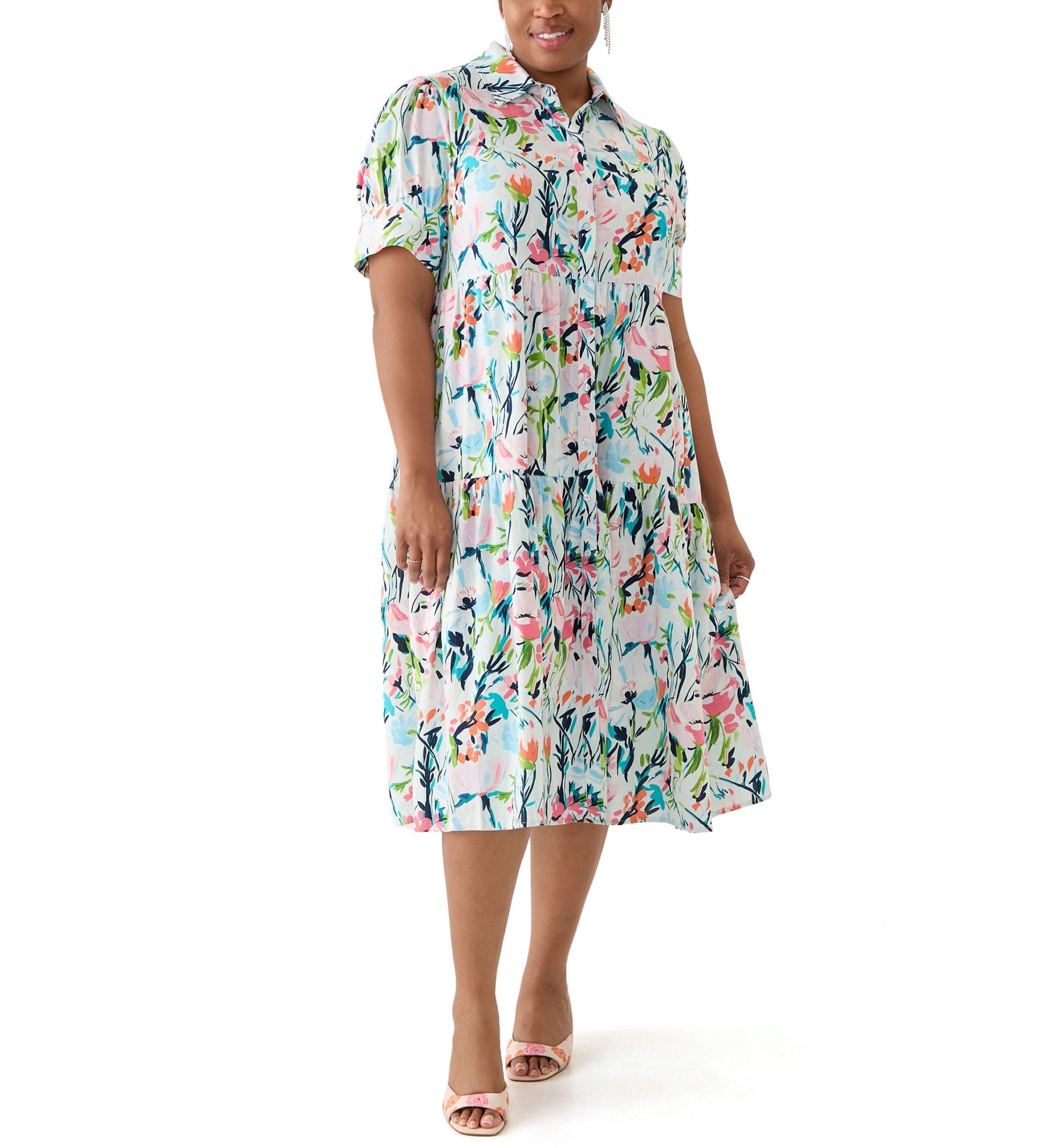 Plus Size Short Sleeve Tiered Linen Shirtdress