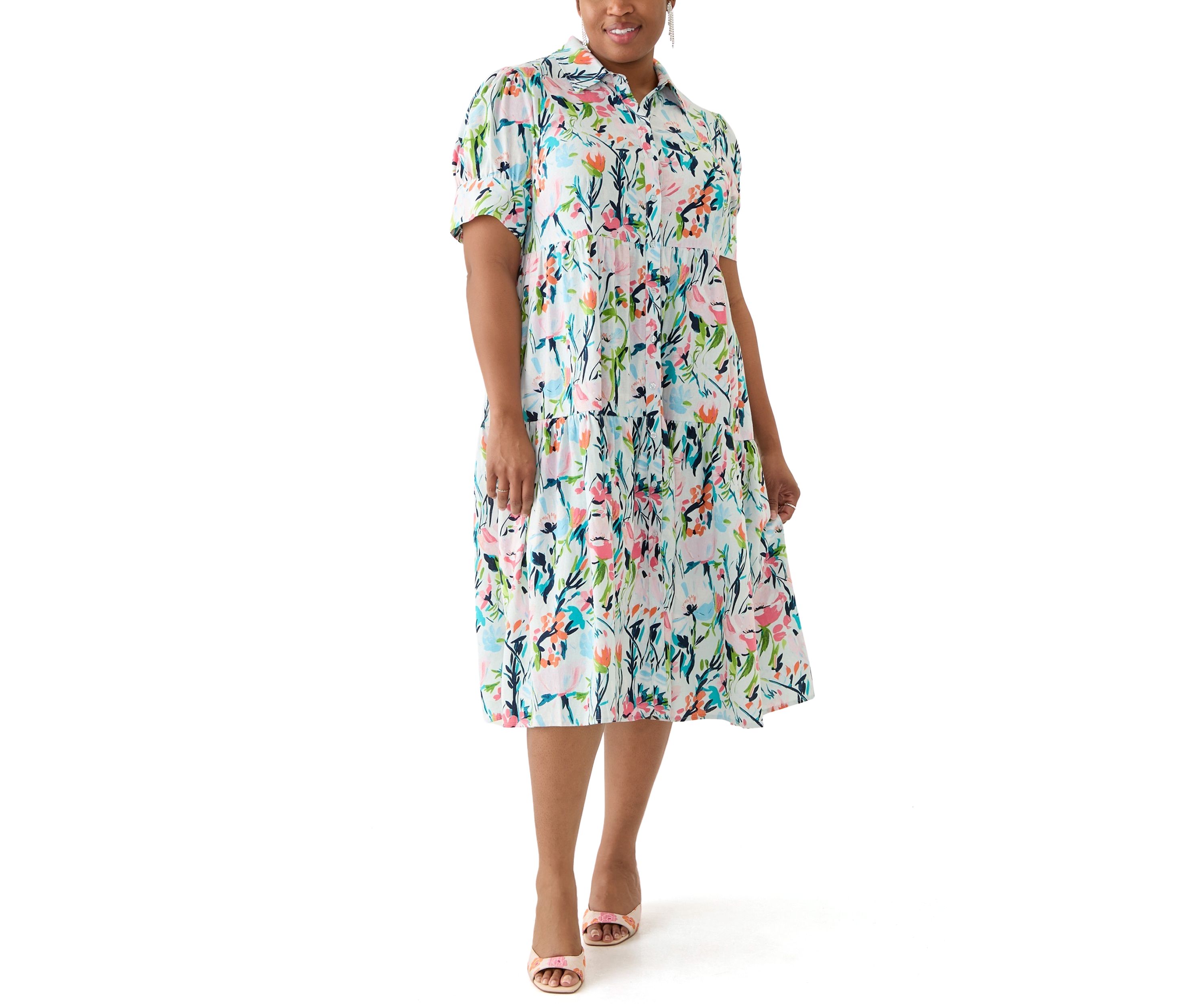 Plus Size Short Sleeve Tiered Linen Shirtdress