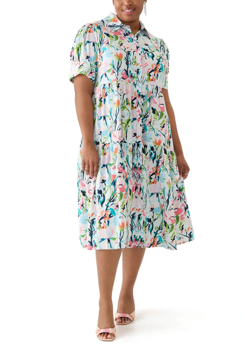 Plus Size Short Sleeve Tiered Linen Shirtdress