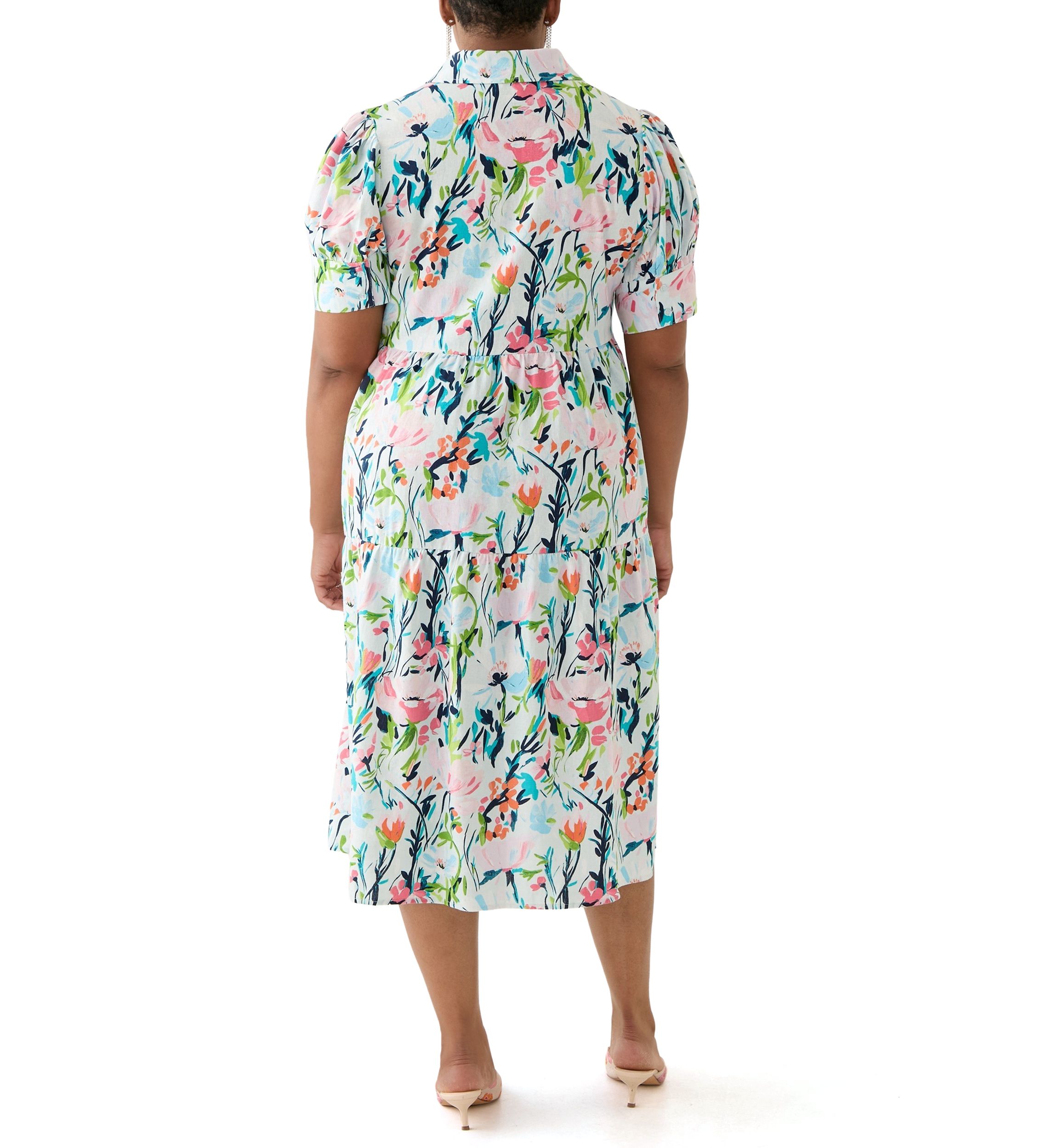 Plus Size Short Sleeve Tiered Linen Shirtdress