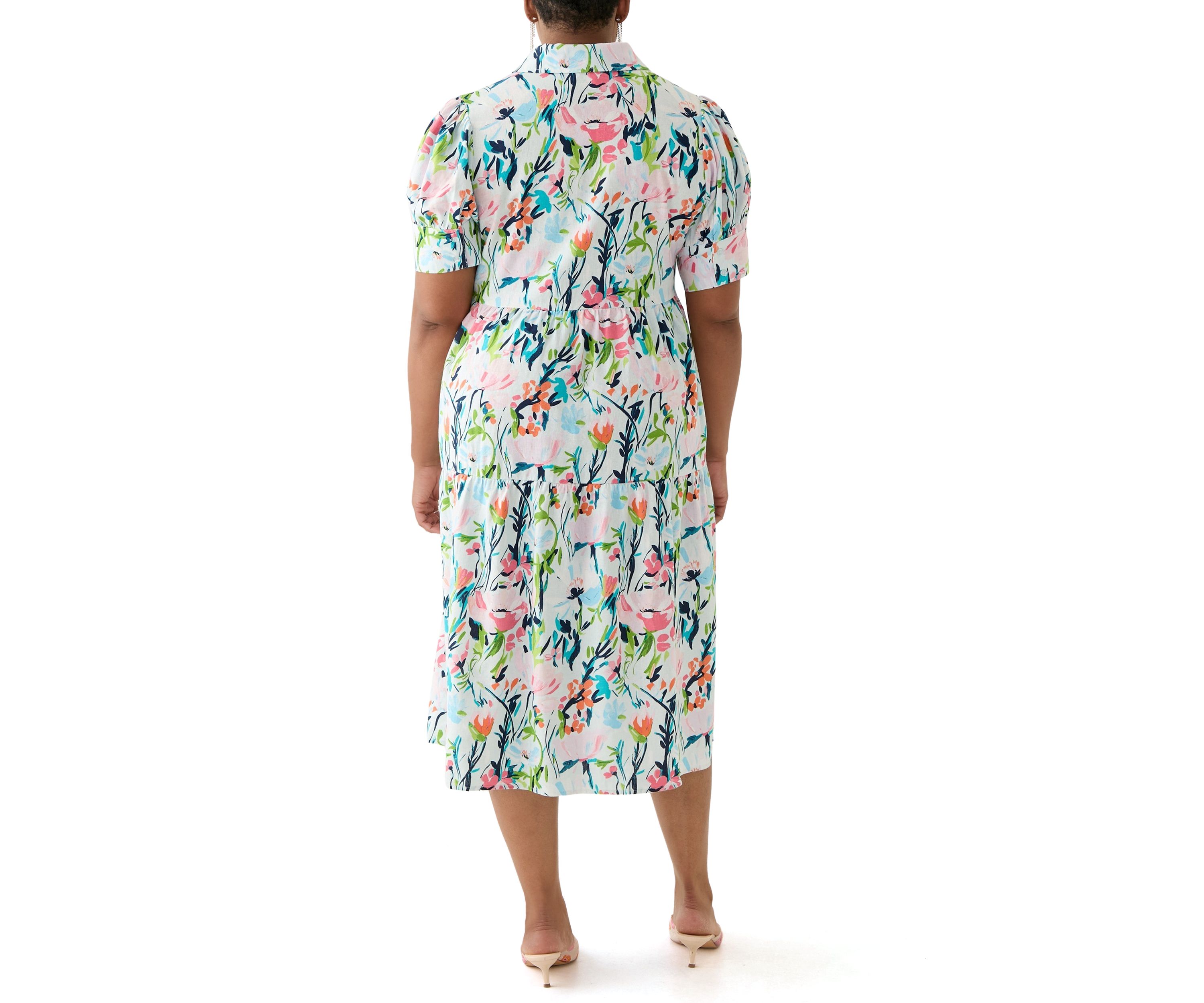 Plus Size Short Sleeve Tiered Linen Shirtdress