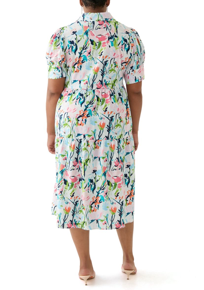 Plus Size Short Sleeve Tiered Linen Shirtdress