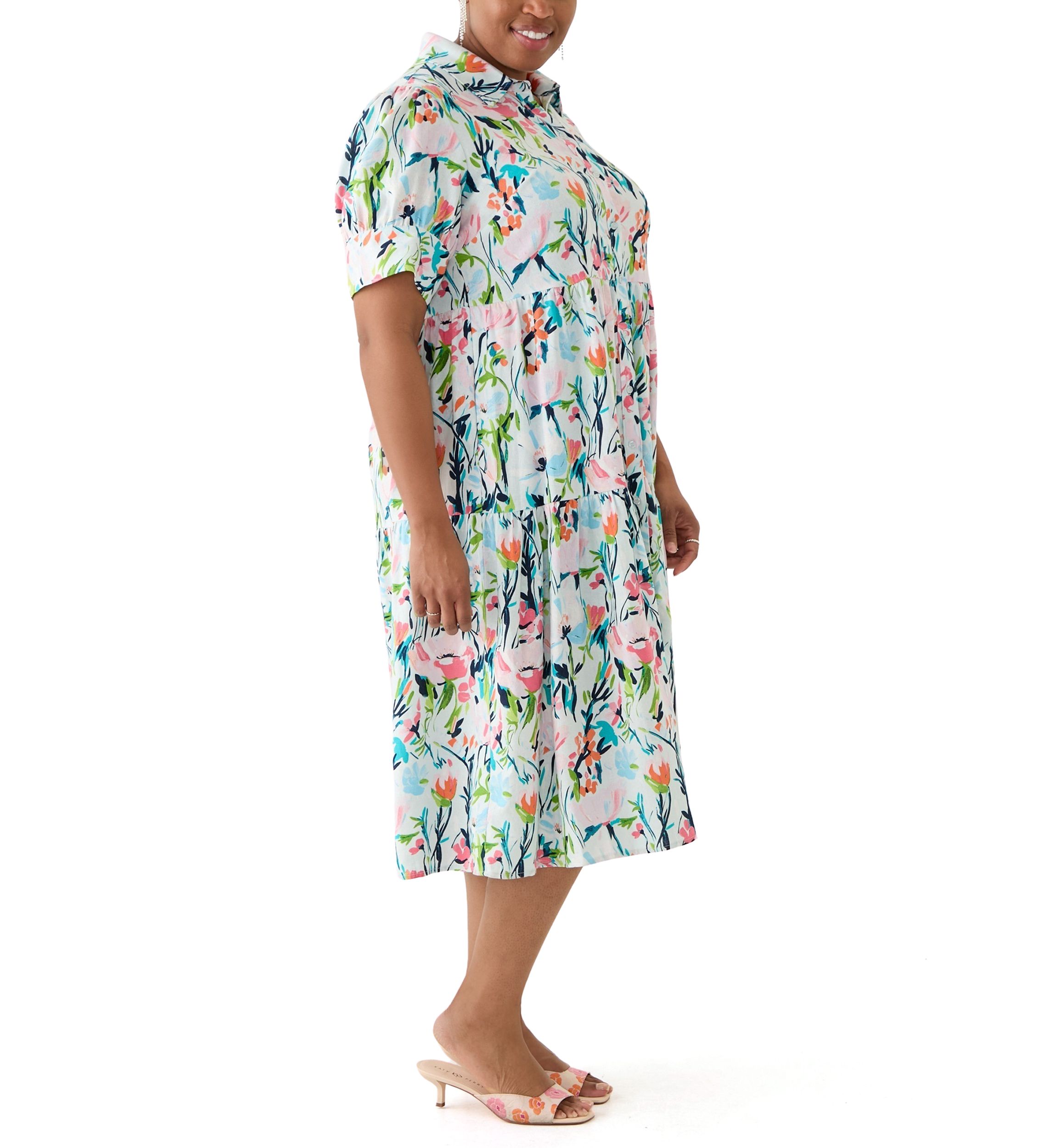 Plus Size Short Sleeve Tiered Linen Shirtdress