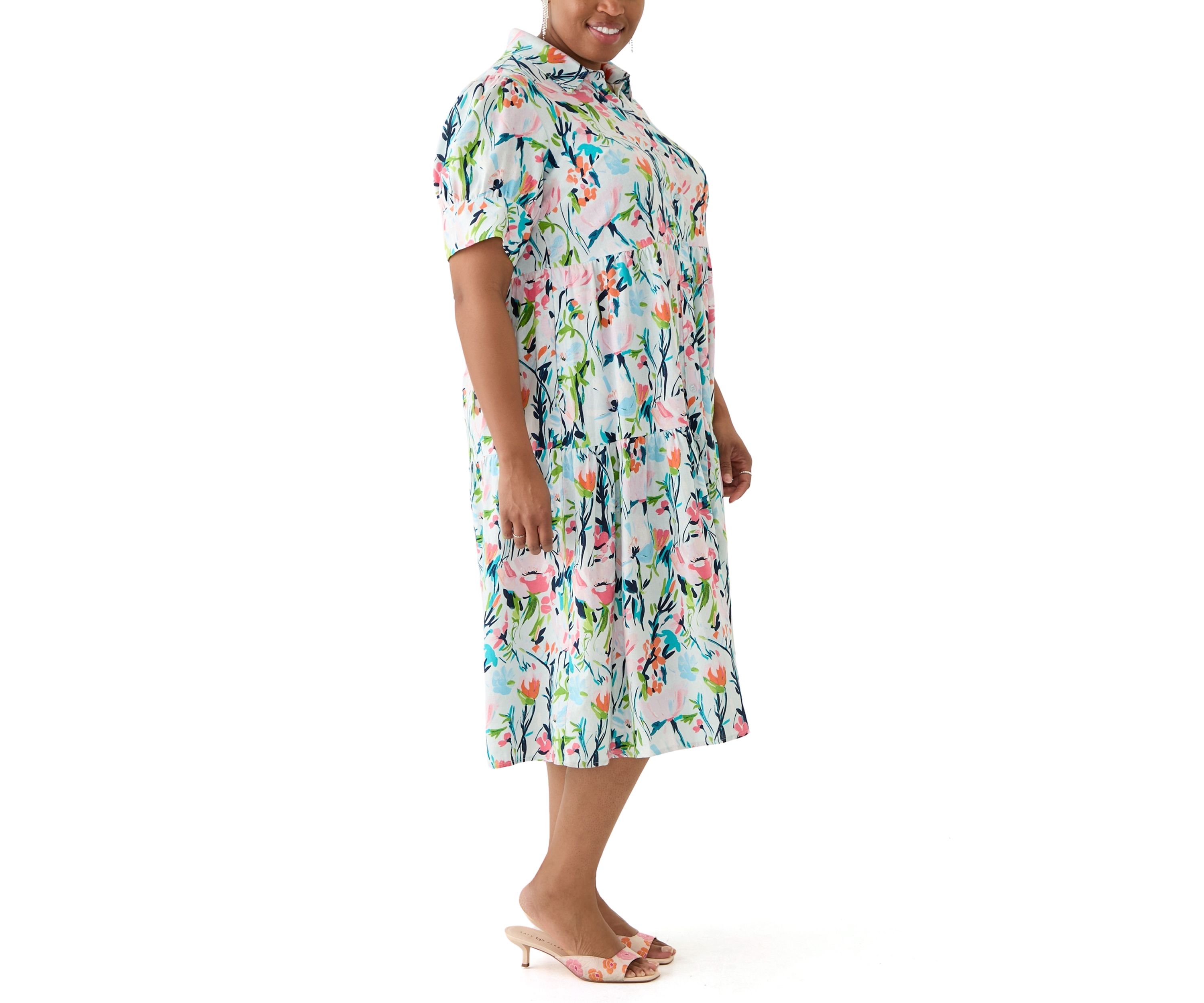 Plus Size Short Sleeve Tiered Linen Shirtdress