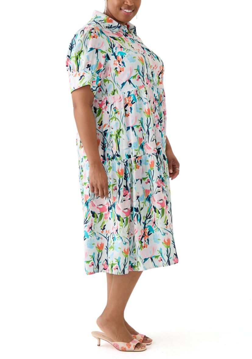 Plus Size Short Sleeve Tiered Linen Shirtdress