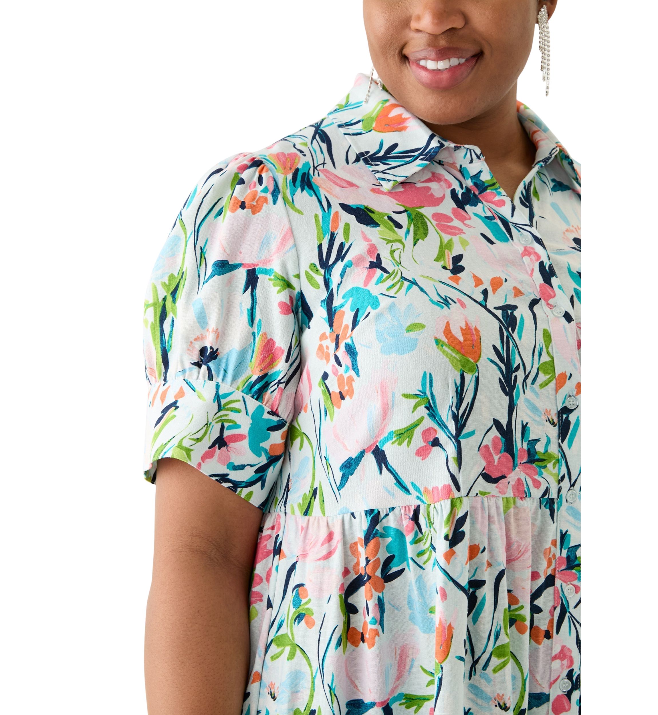 Plus Size Short Sleeve Tiered Linen Shirtdress