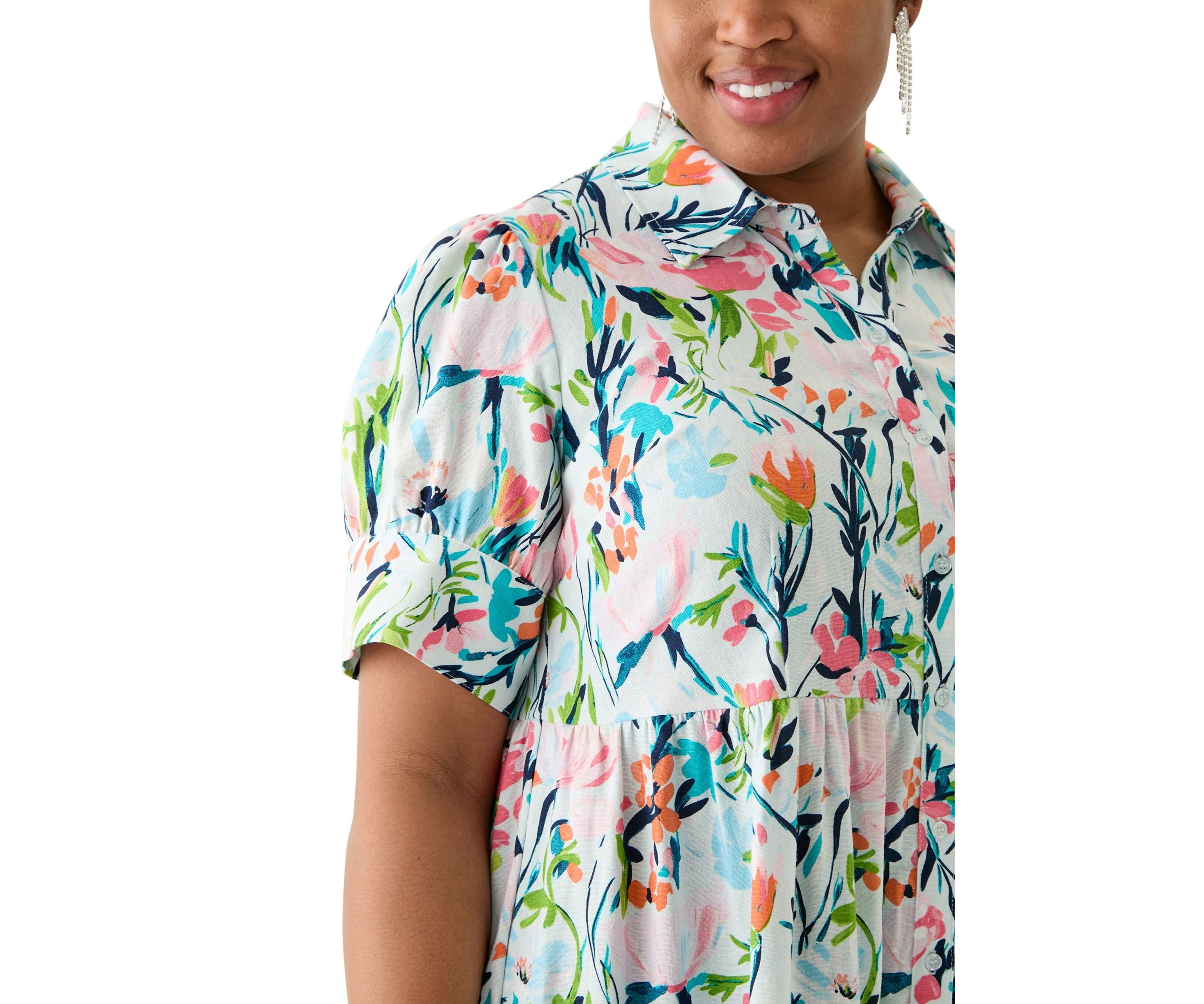Plus Size Short Sleeve Tiered Linen Shirtdress