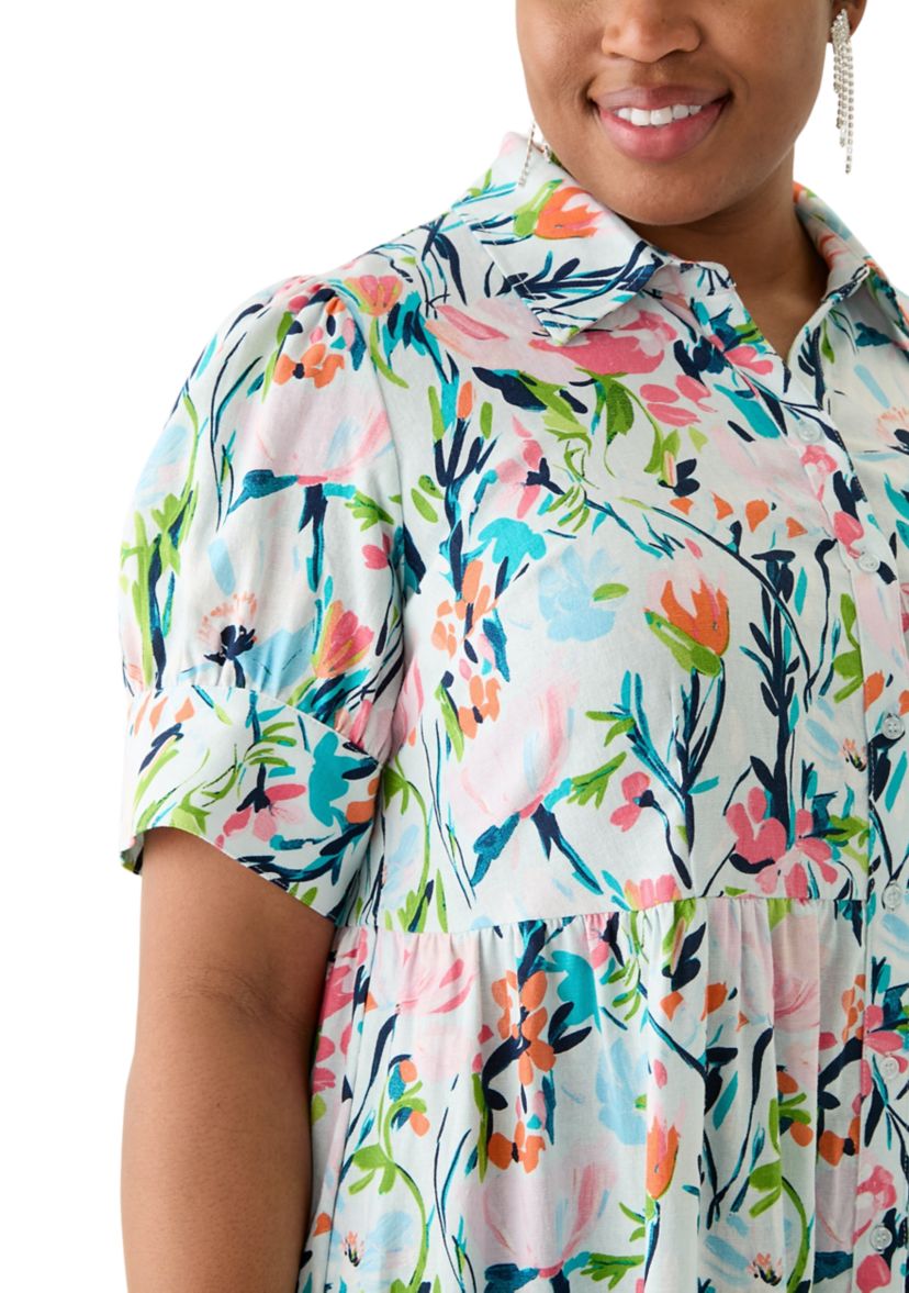 Plus Size Short Sleeve Tiered Linen Shirtdress