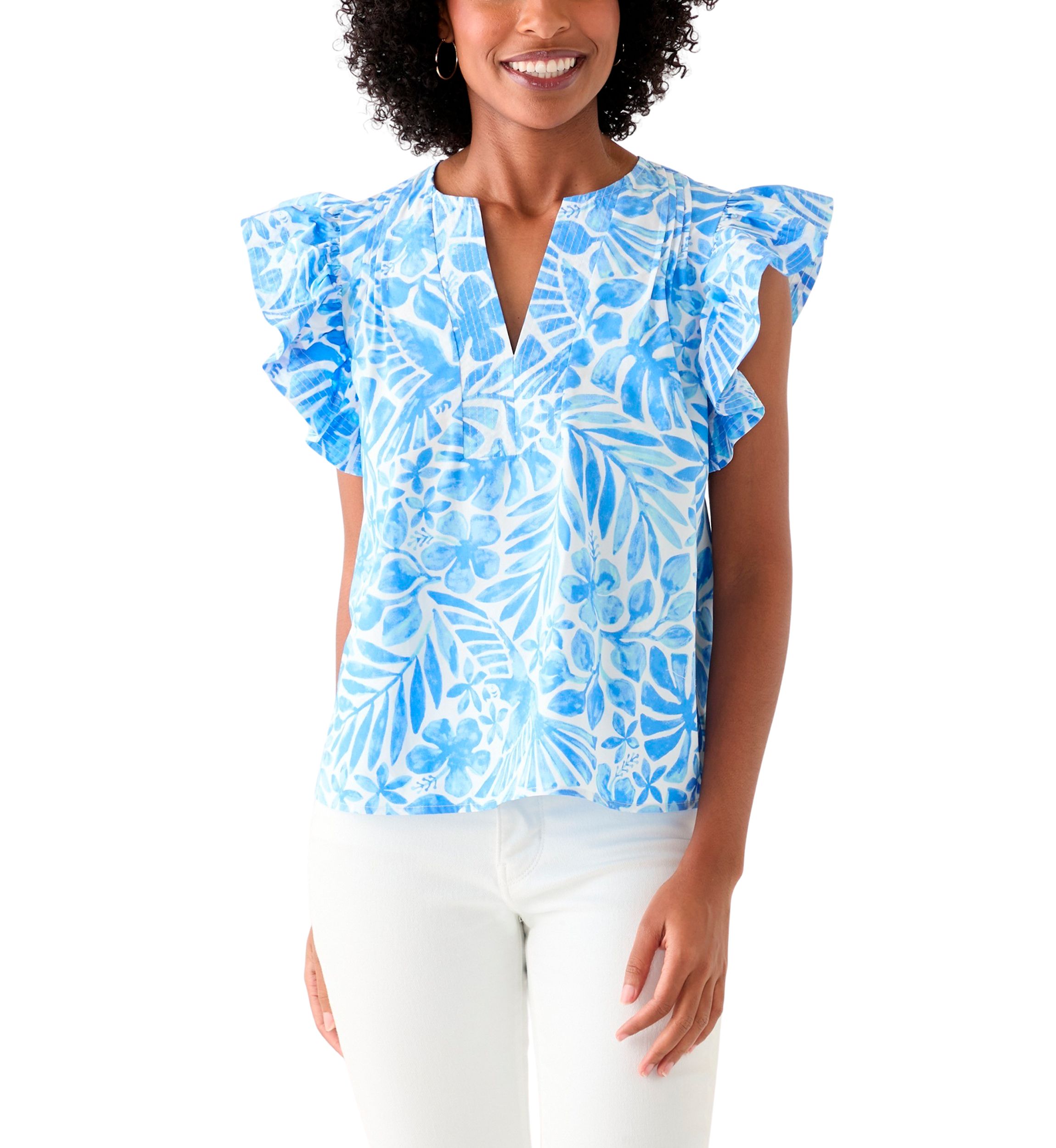 Womens Ruffle Sleeve Split Neck Woven Top