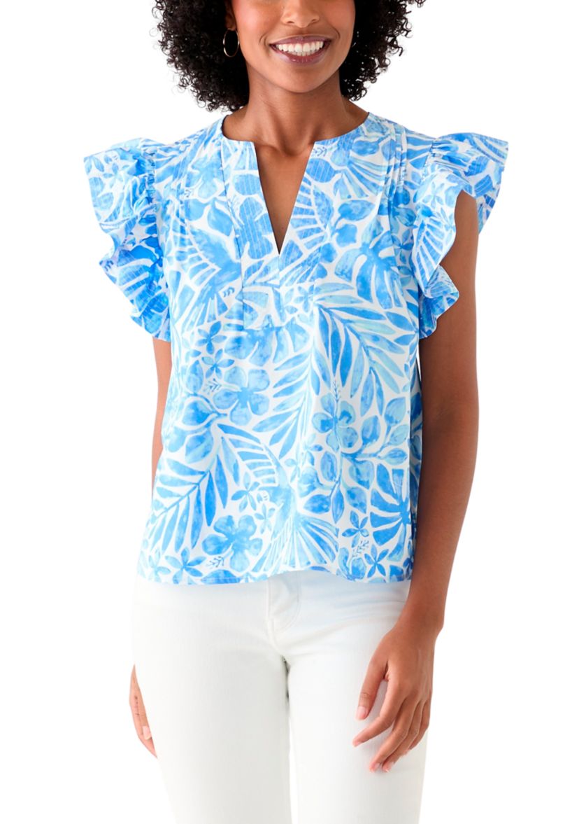 Womens Ruffle Sleeve Split Neck Woven Top