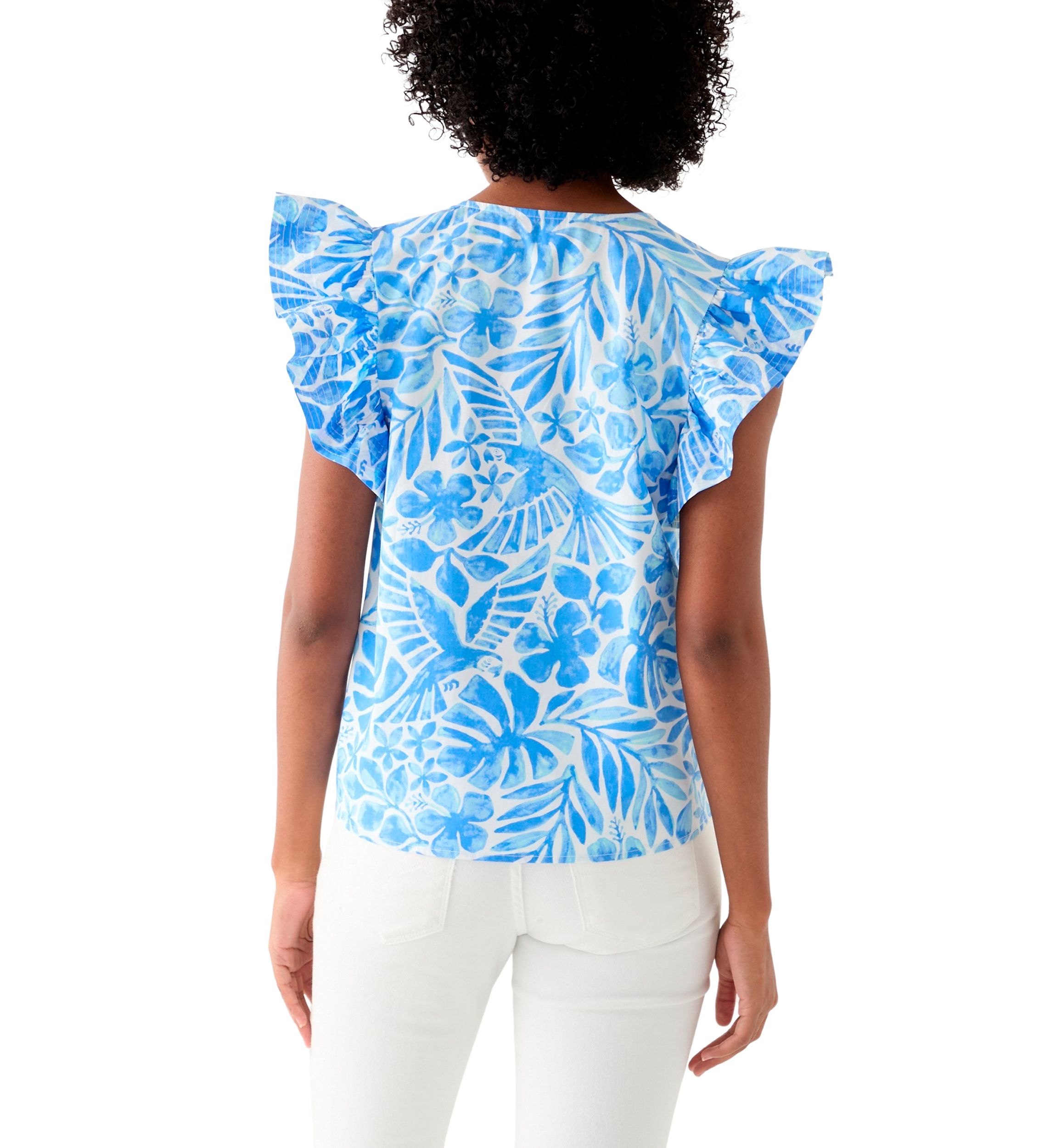 Womens Ruffle Sleeve Split Neck Woven Top