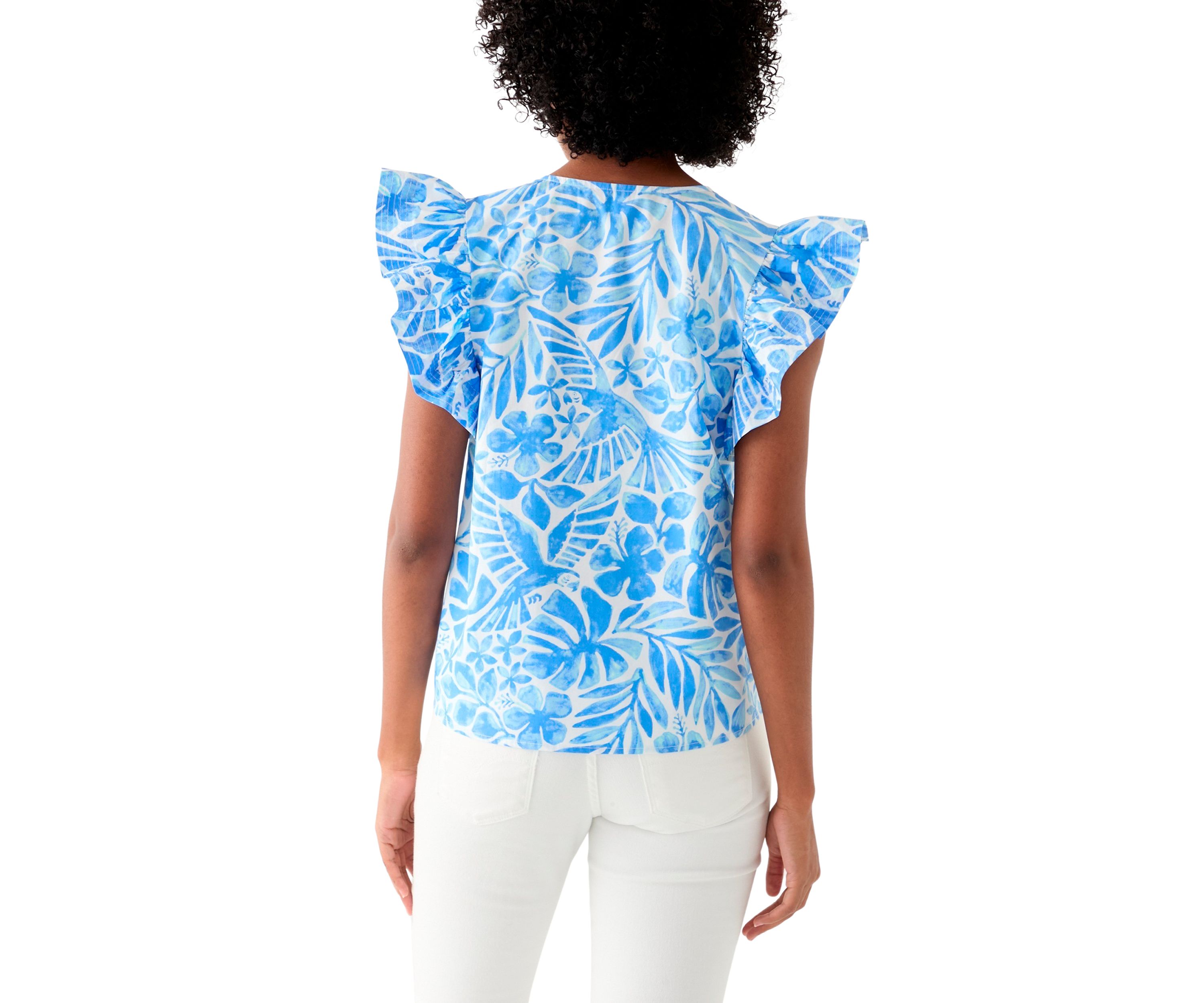 Womens Ruffle Sleeve Split Neck Woven Top