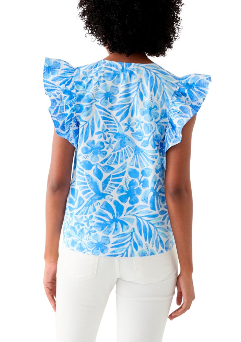 Womens Ruffle Sleeve Split Neck Woven Top