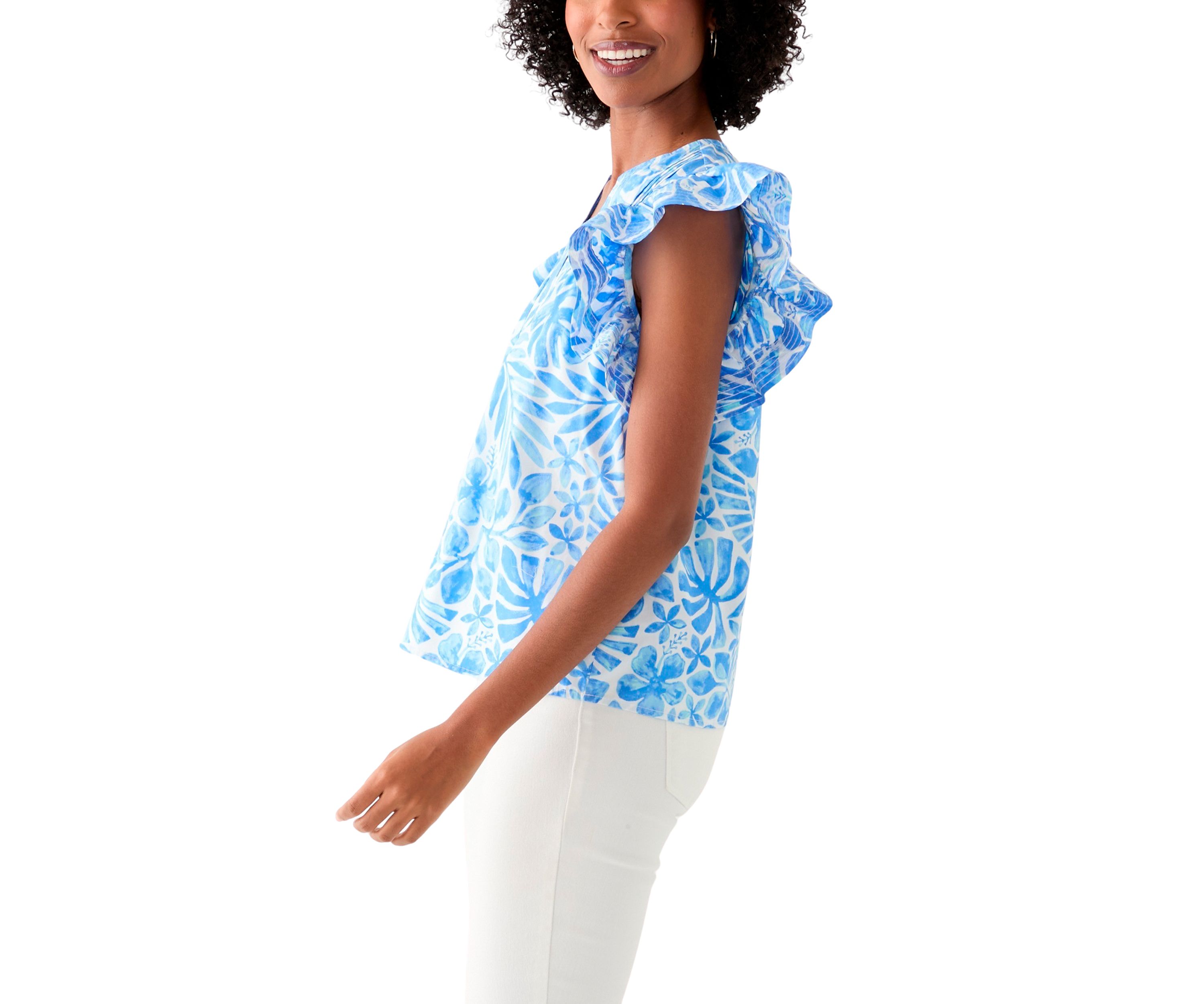 Womens Ruffle Sleeve Split Neck Woven Top