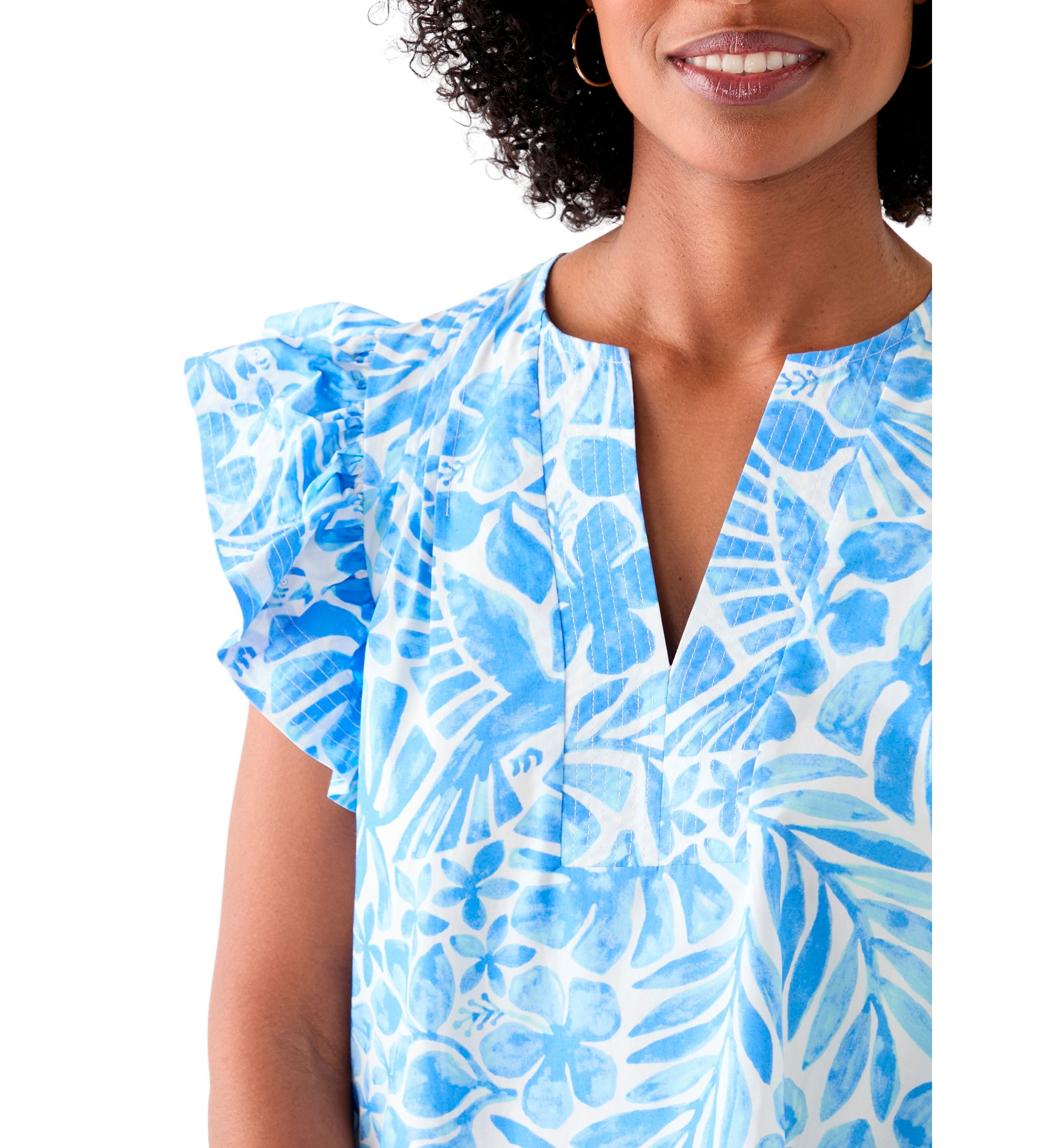 Womens Ruffle Sleeve Split Neck Woven Top