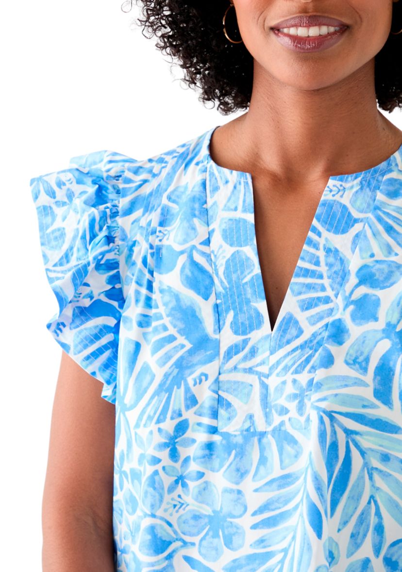 Womens Ruffle Sleeve Split Neck Woven Top