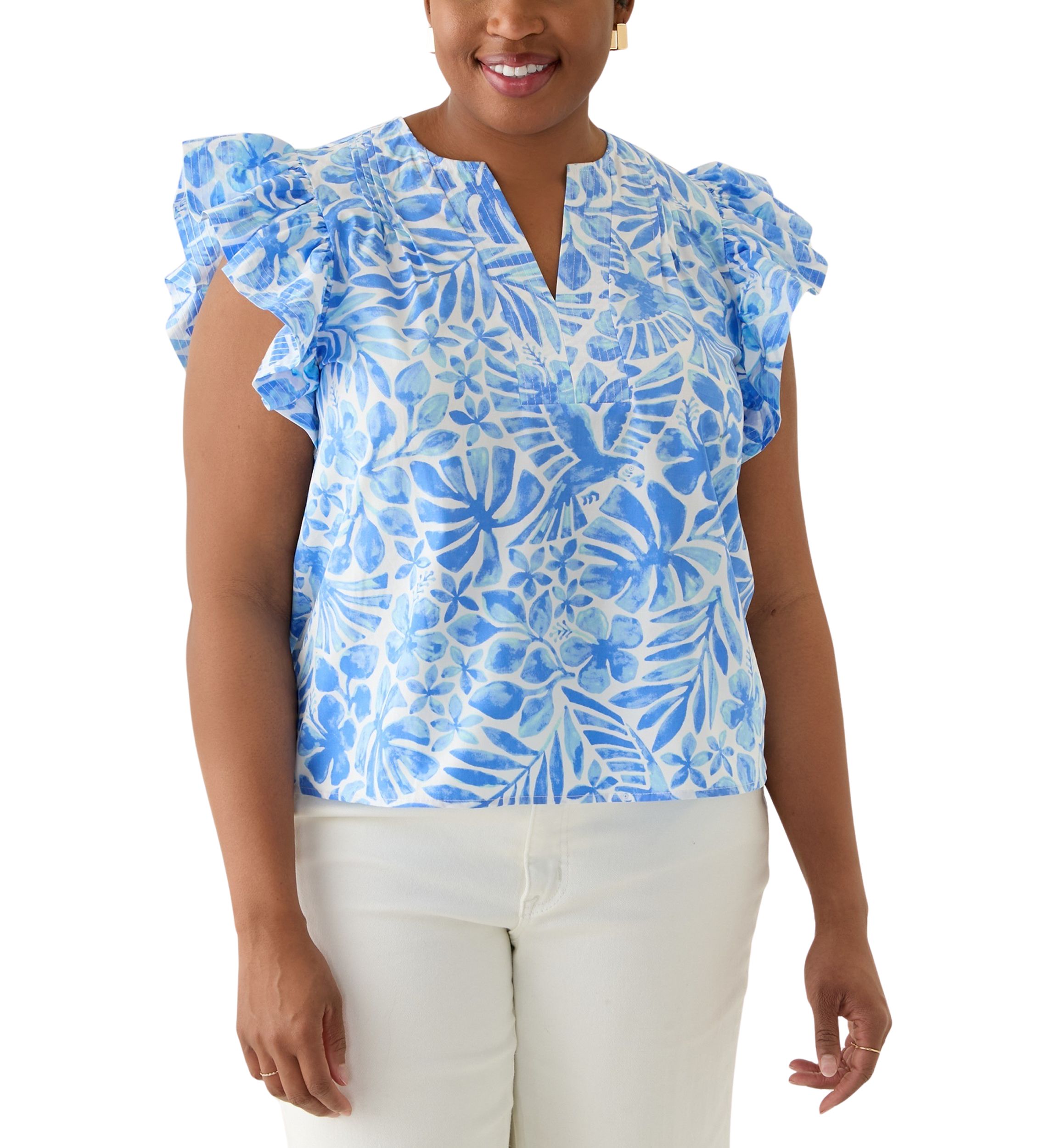 Plus Size Ruffle Split Neck Woven Blouse