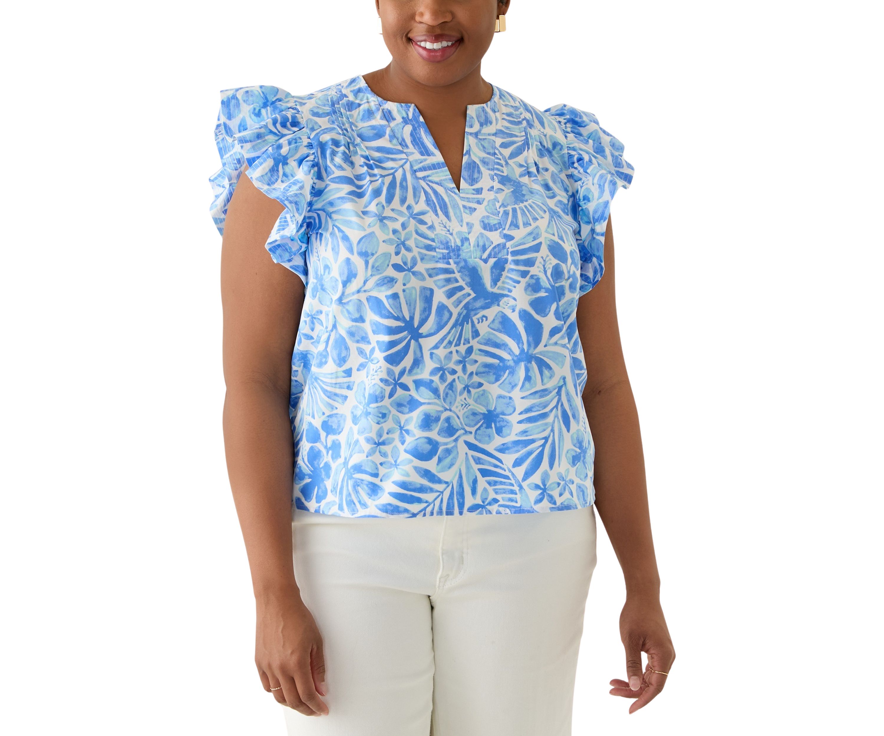 Plus Size Ruffle Split Neck Woven Blouse