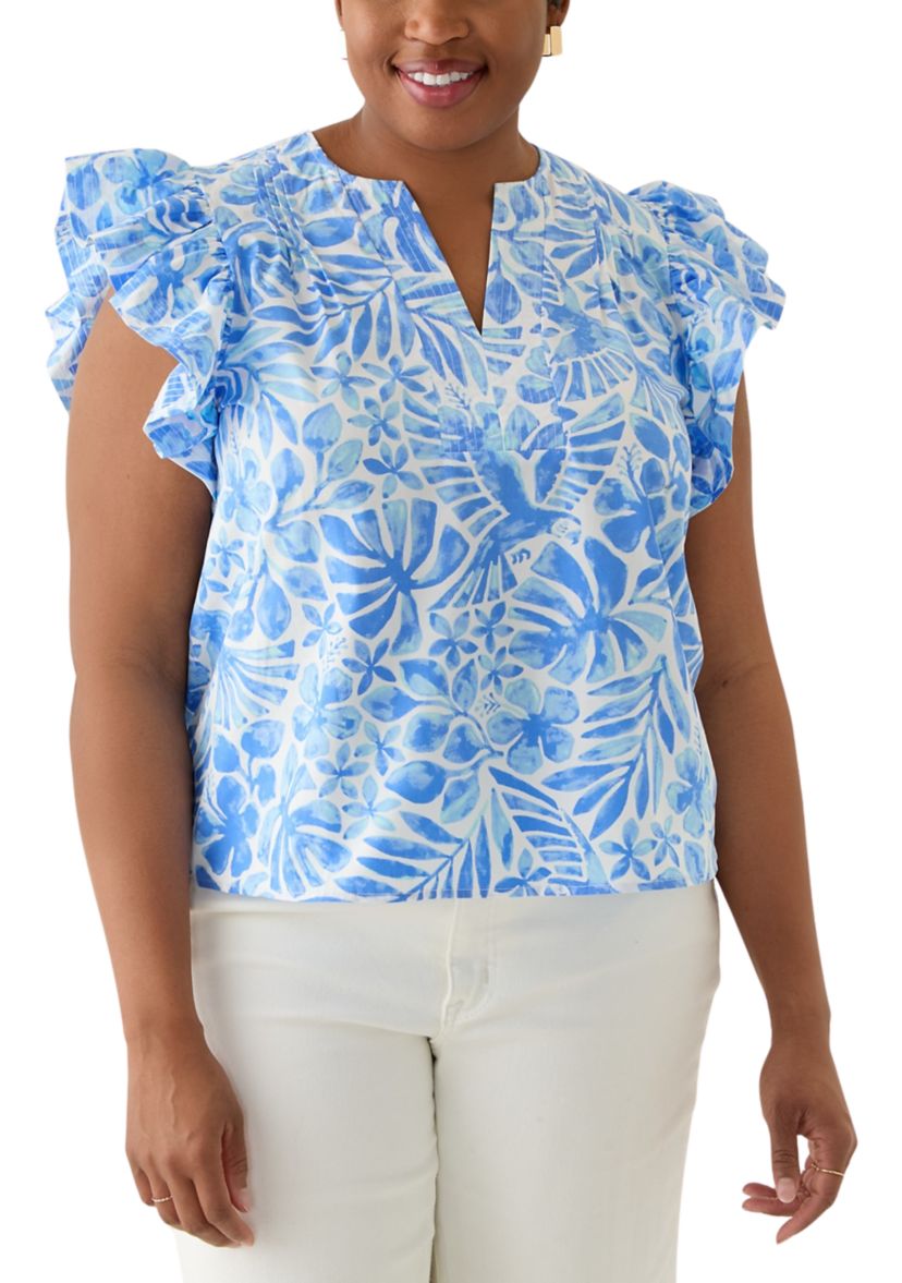 Plus Size Ruffle Split Neck Woven Blouse
