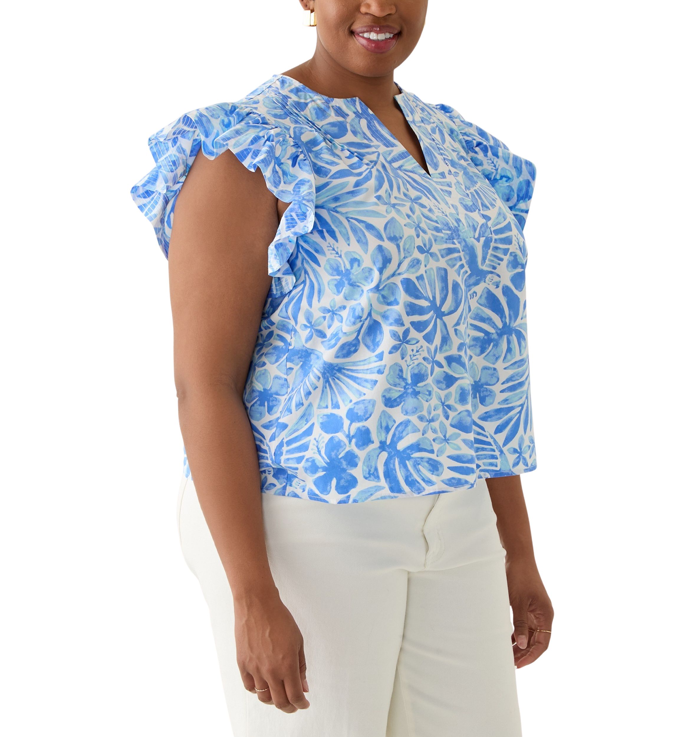 Plus Size Ruffle Split Neck Woven Blouse
