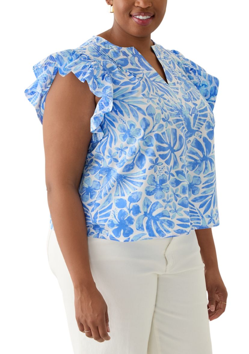 Plus Size Ruffle Split Neck Woven Blouse