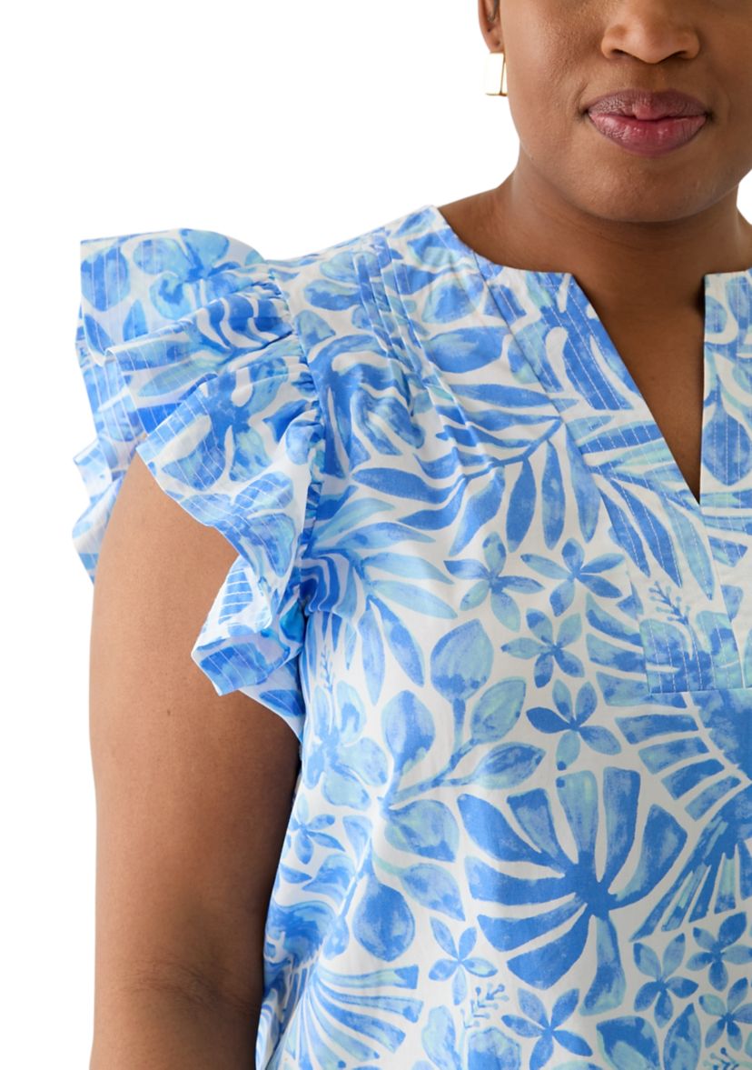 Plus Size Ruffle Split Neck Woven Blouse