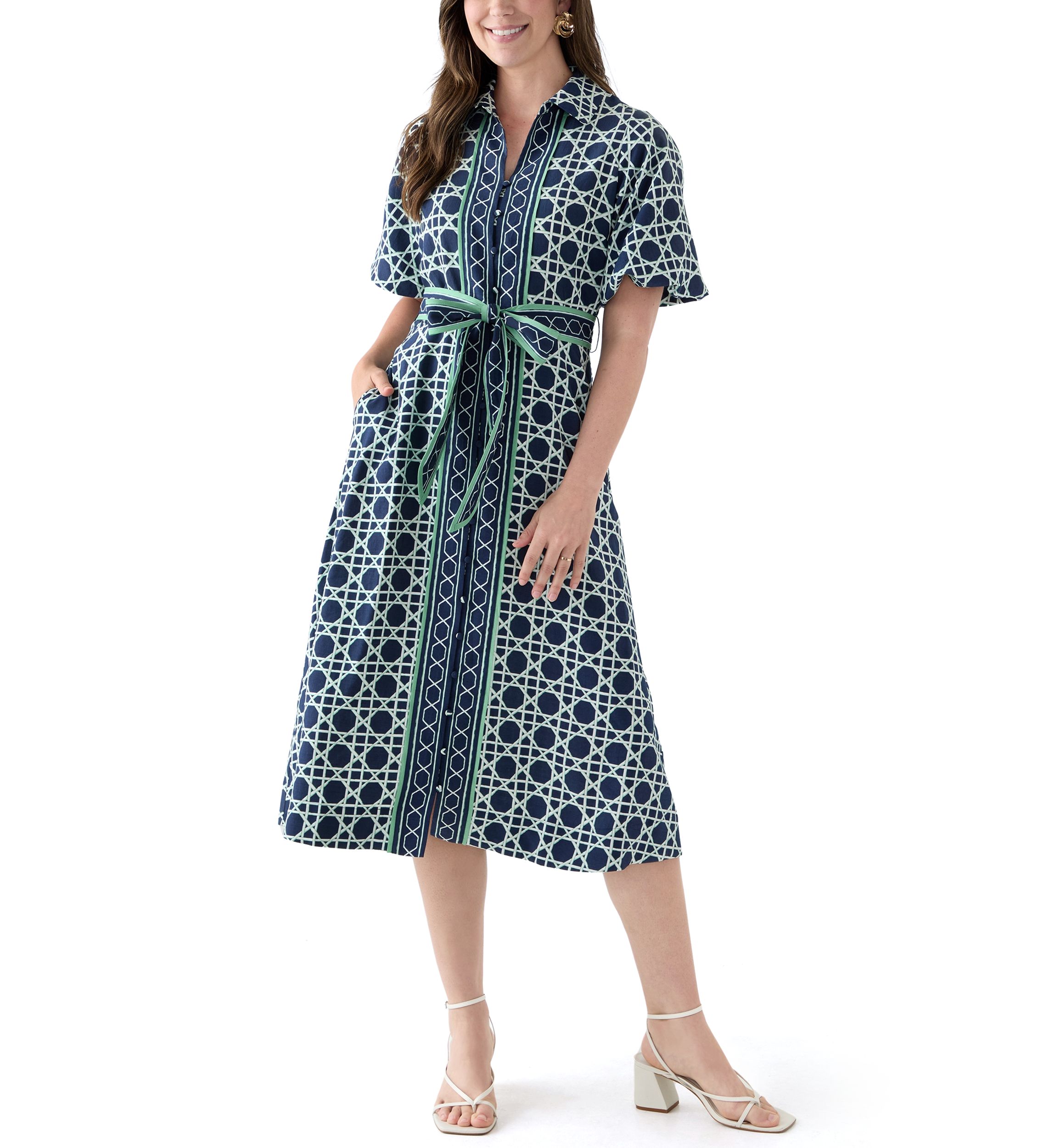 Womens Puff Sleeve Printed Collared Maxi Dress with Tie Waist