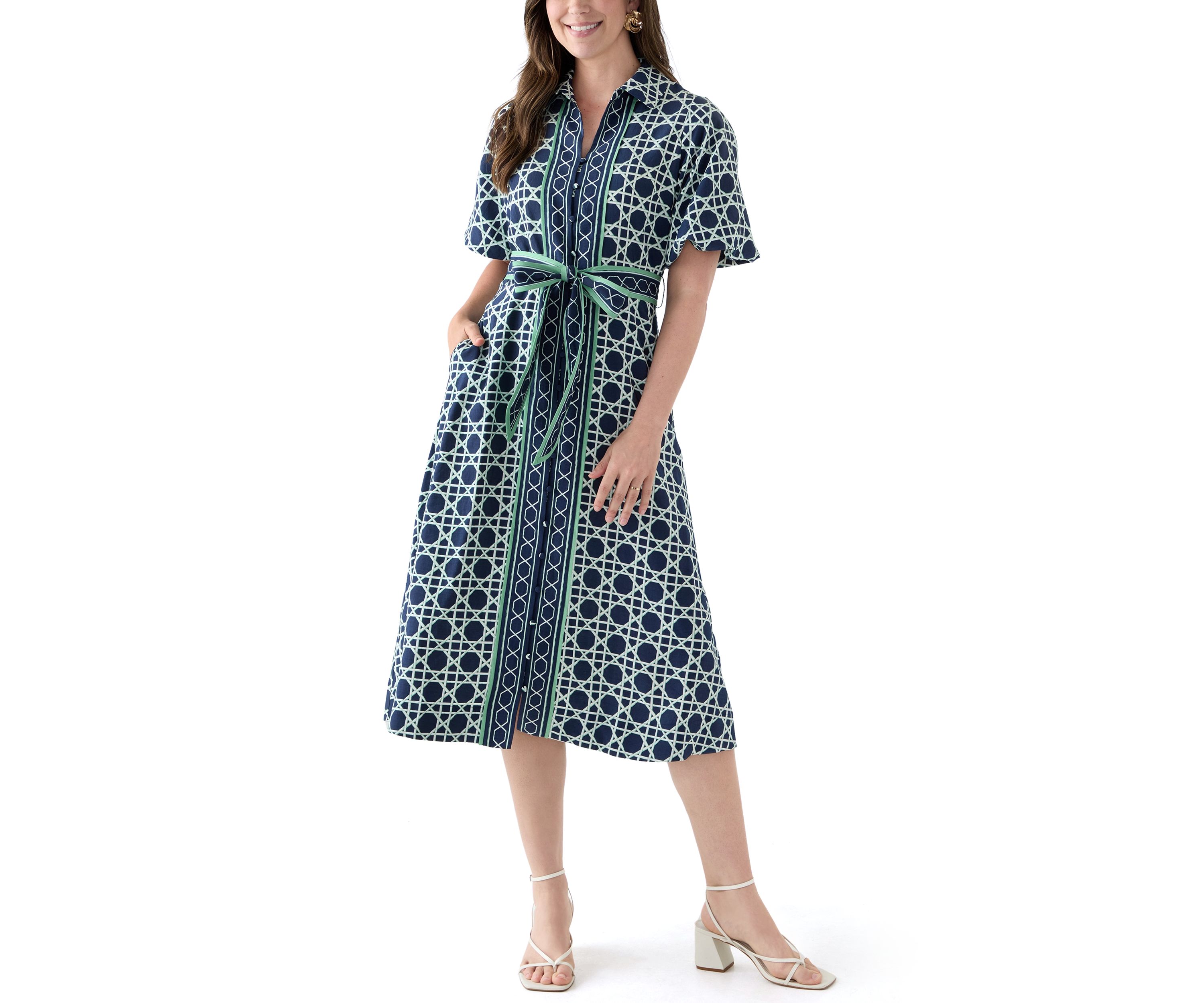 Womens Puff Sleeve Printed Collared Maxi Dress with Tie Waist