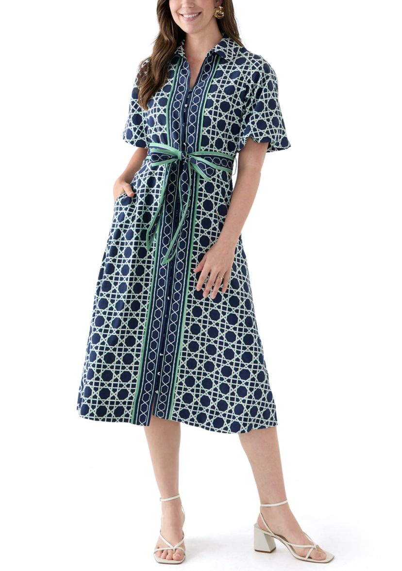 Womens Puff Sleeve Printed Collared Maxi Dress with Tie Waist
