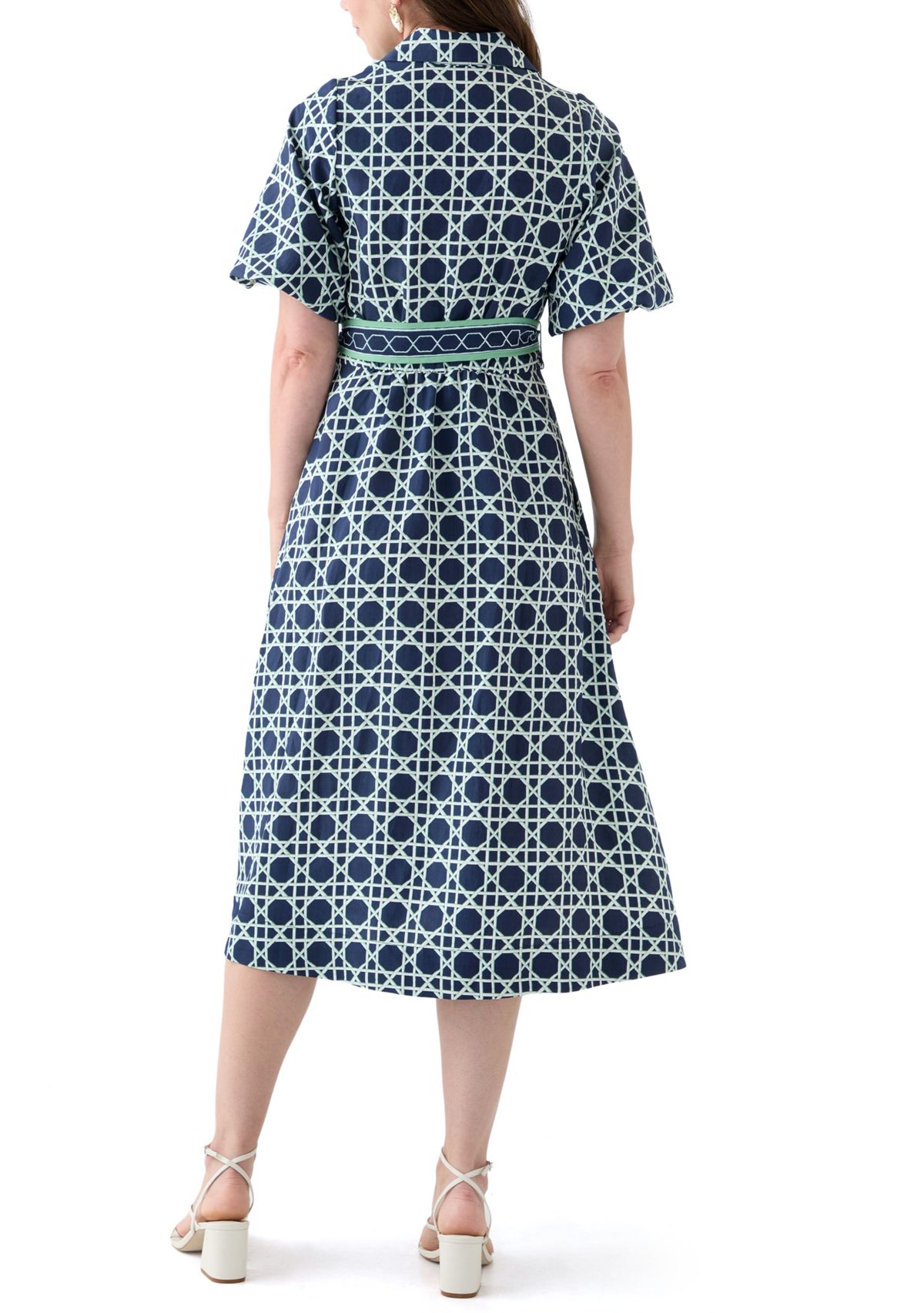Womens Puff Sleeve Printed Collared Maxi Dress with Tie Waist