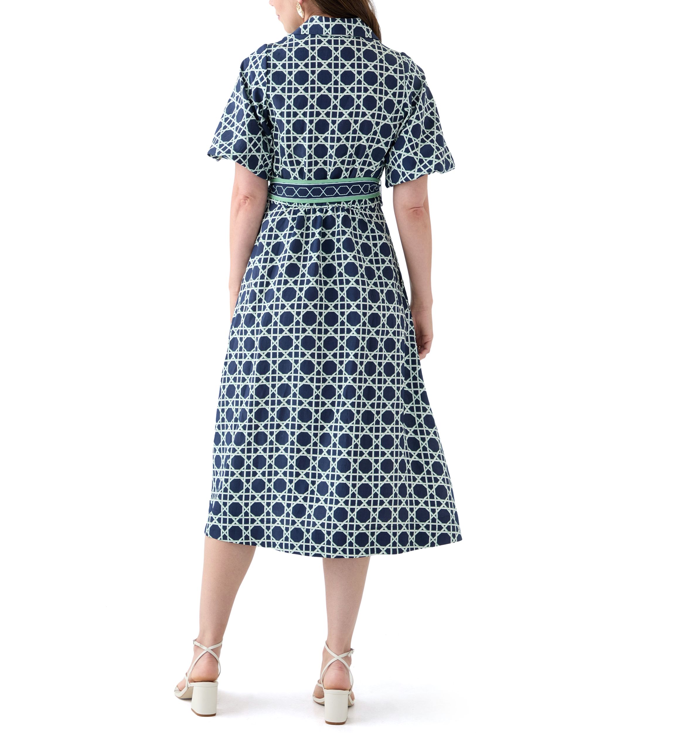 Womens Puff Sleeve Printed Collared Maxi Dress with Tie Waist