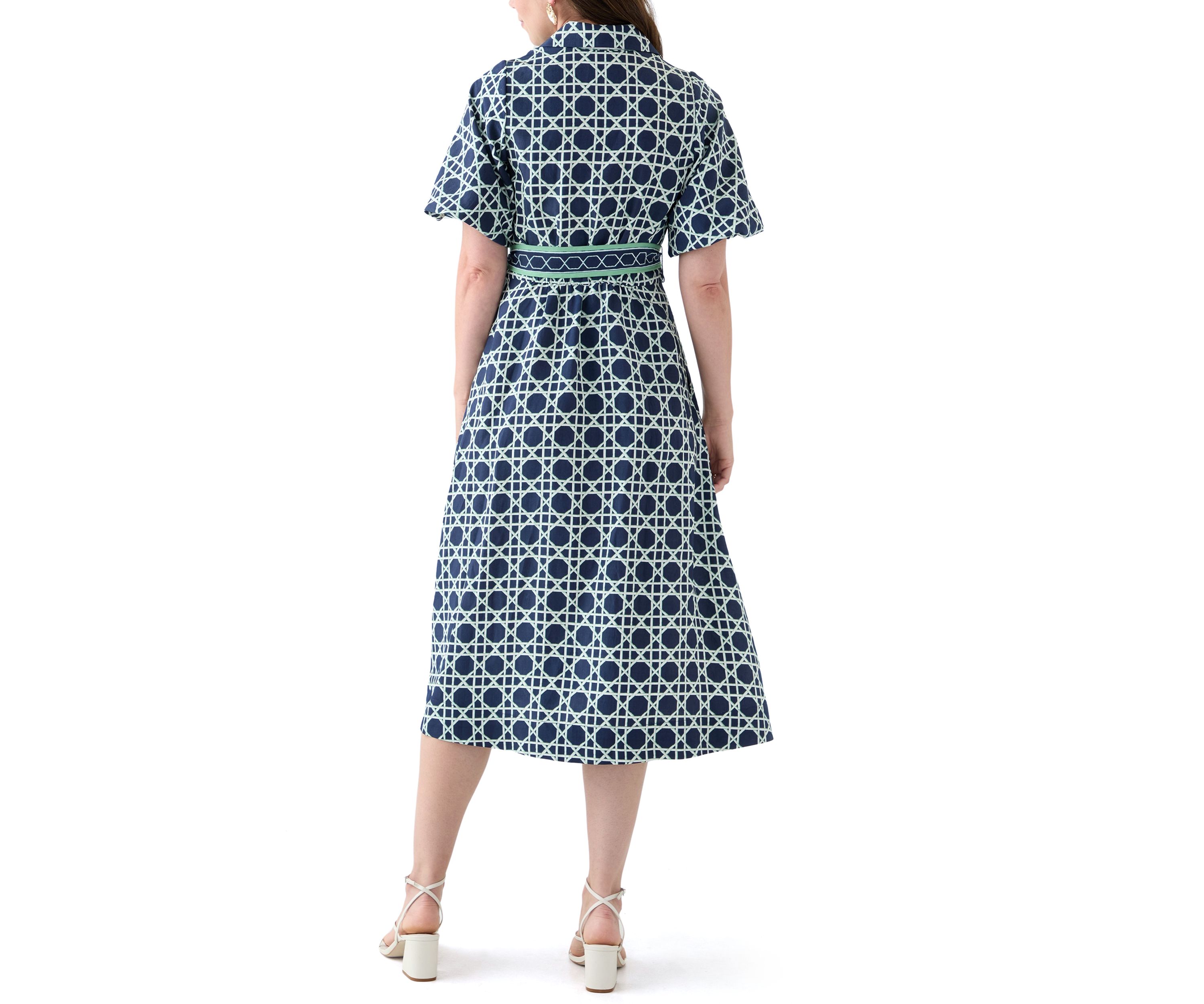 Womens Puff Sleeve Printed Collared Maxi Dress with Tie Waist