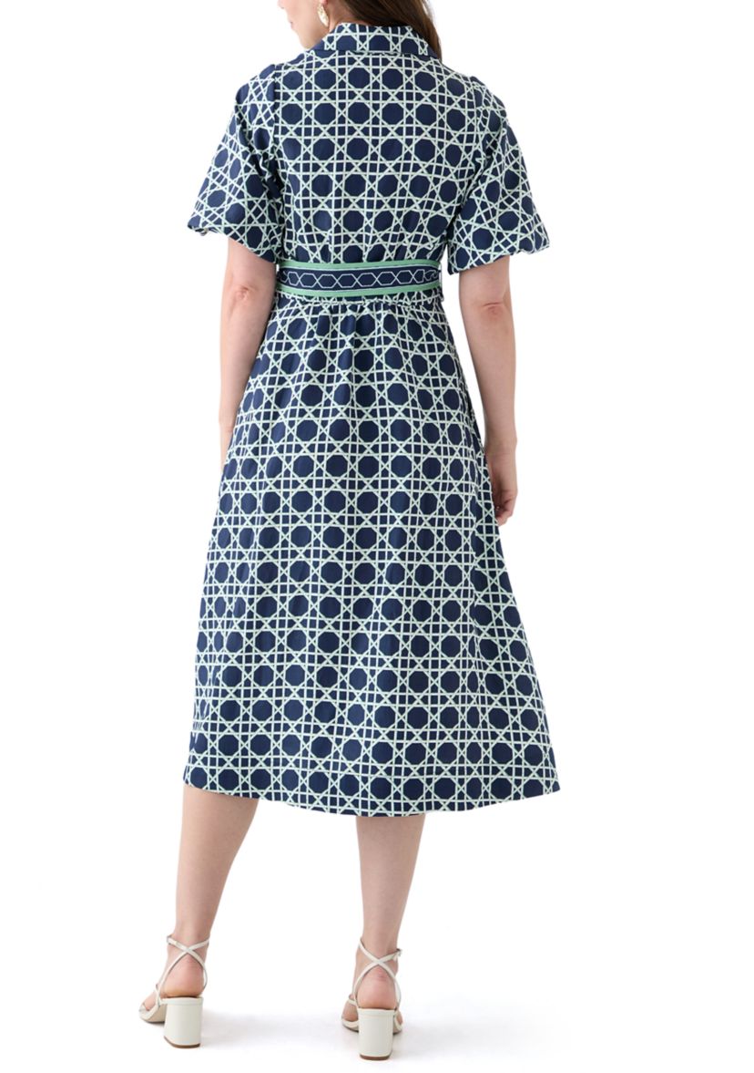 Womens Puff Sleeve Printed Collared Maxi Dress with Tie Waist