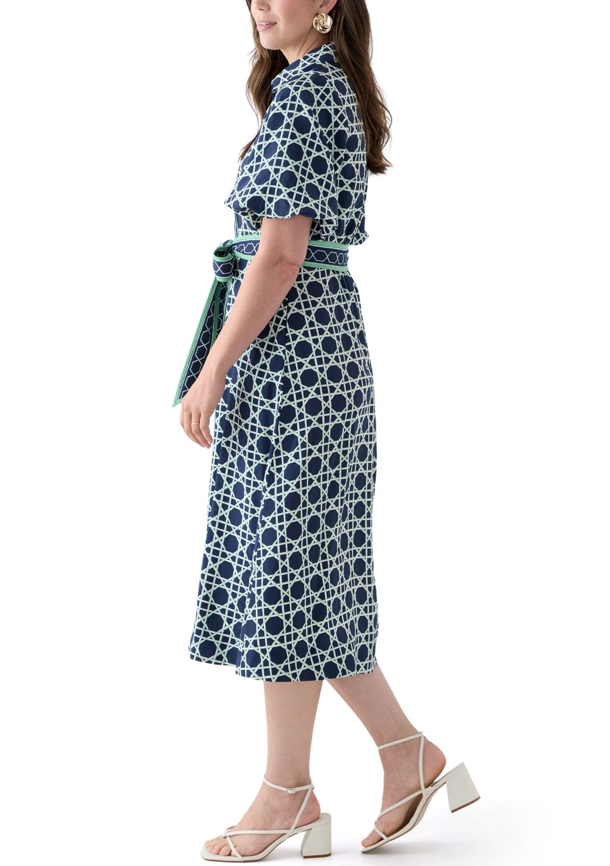 Womens Puff Sleeve Printed Collared Maxi Dress with Tie Waist