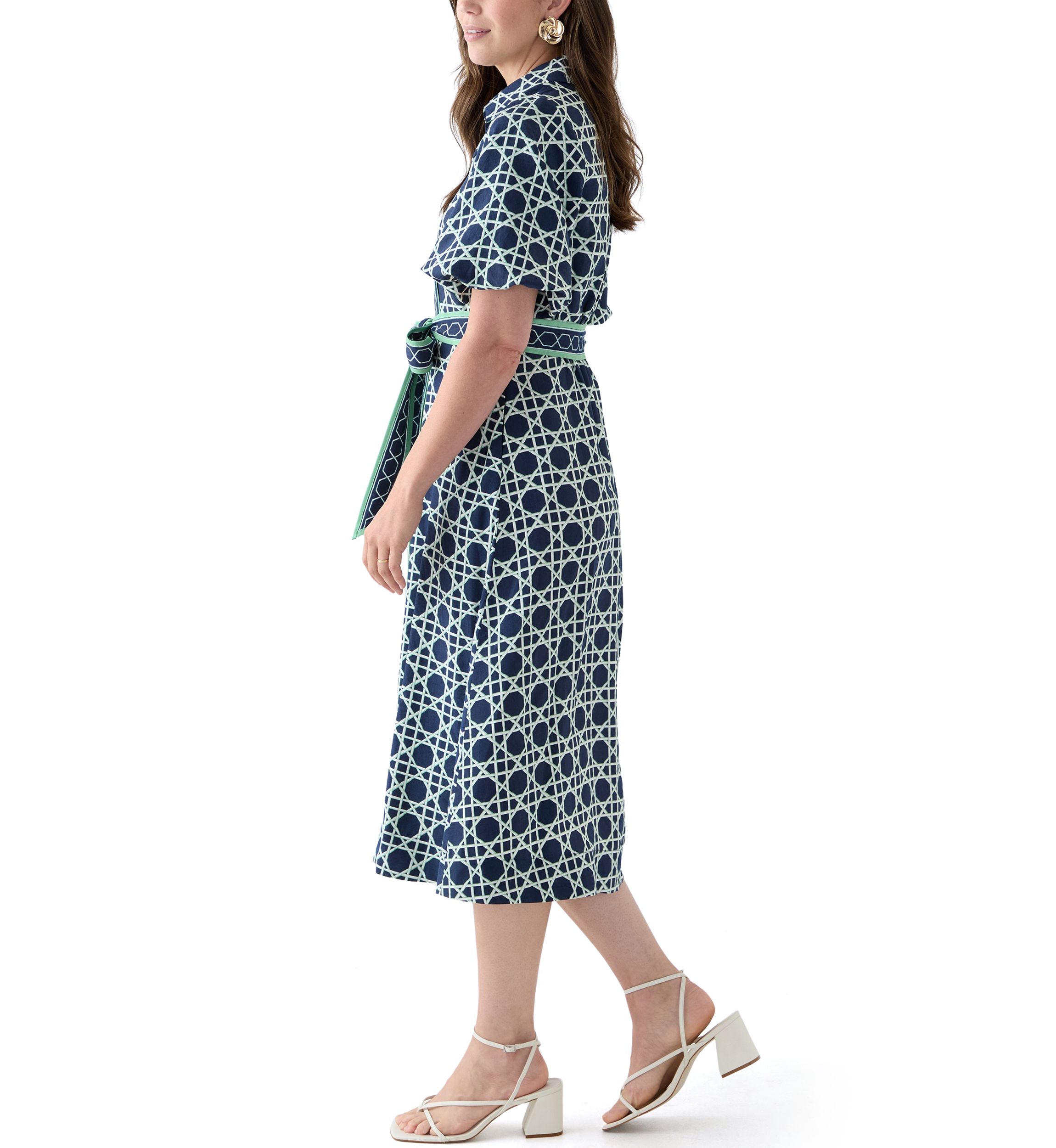 Womens Puff Sleeve Printed Collared Maxi Dress with Tie Waist