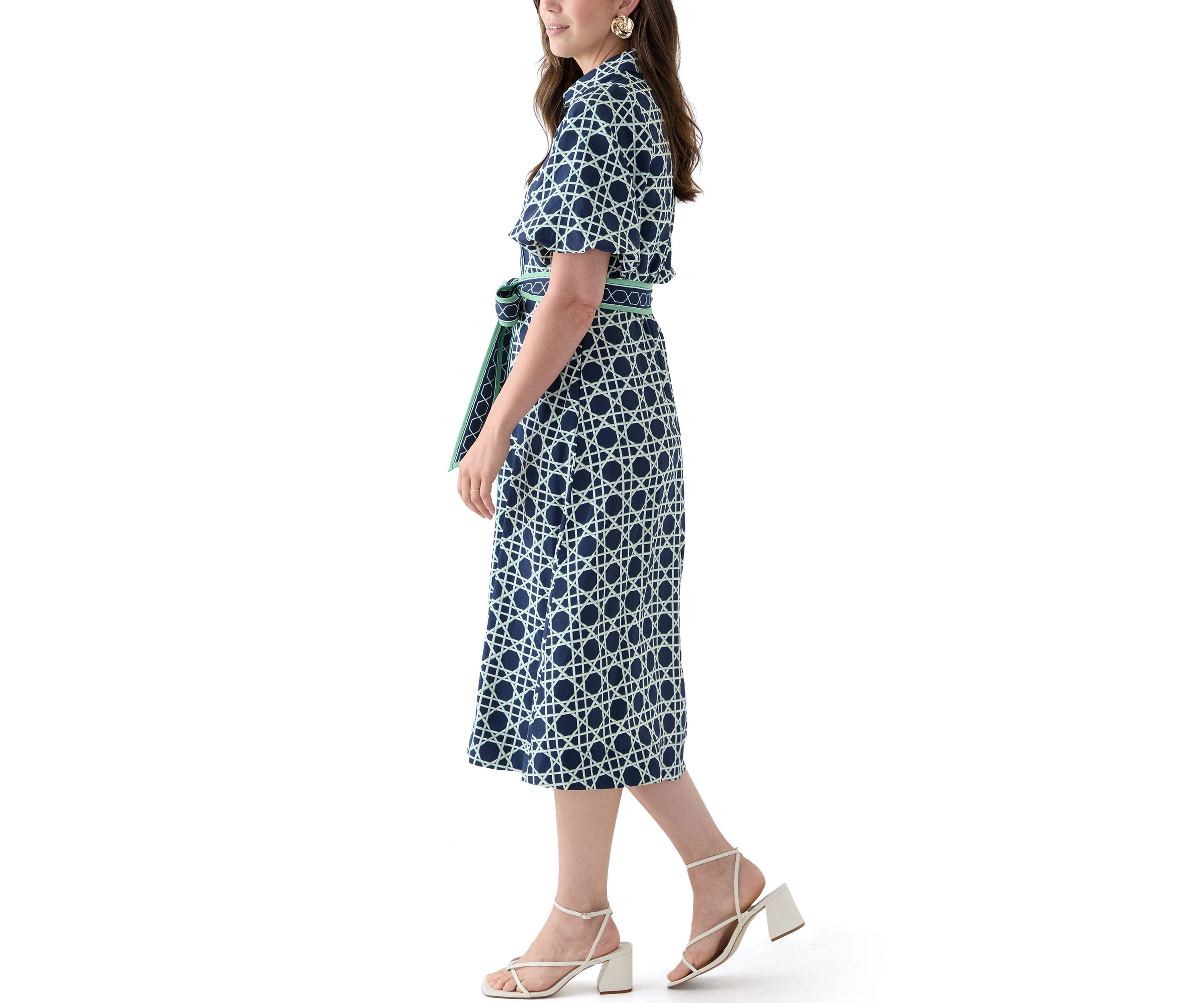 Womens Puff Sleeve Printed Collared Maxi Dress with Tie Waist