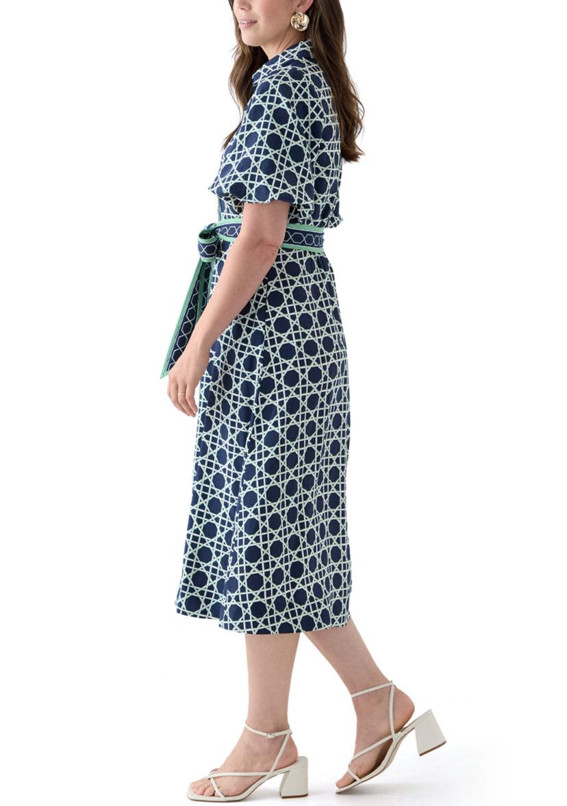 Womens Puff Sleeve Printed Collared Maxi Dress with Tie Waist