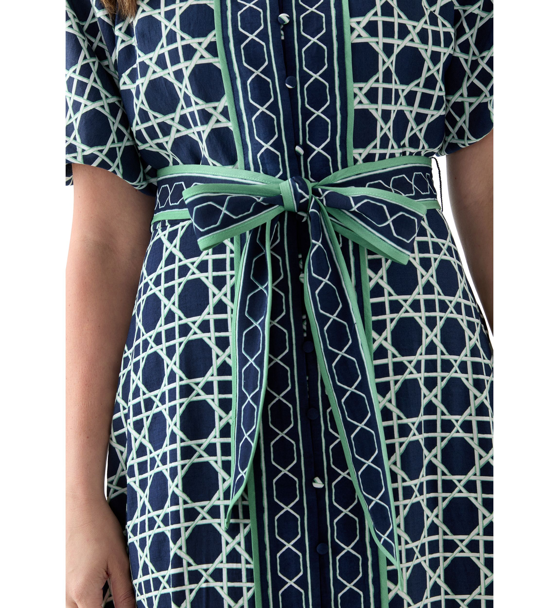 Womens Puff Sleeve Printed Collared Maxi Dress with Tie Waist
