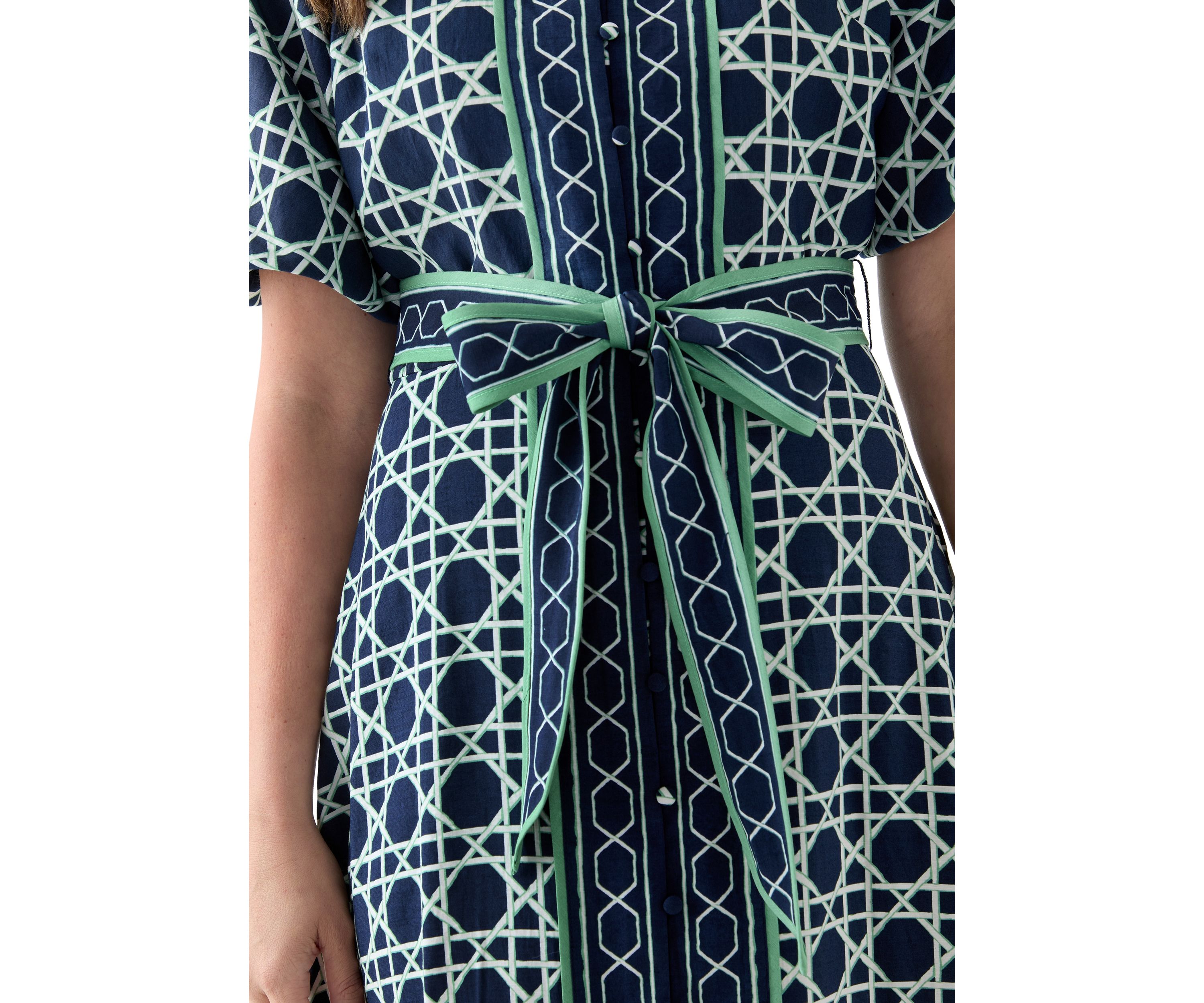 Womens Puff Sleeve Printed Collared Maxi Dress with Tie Waist