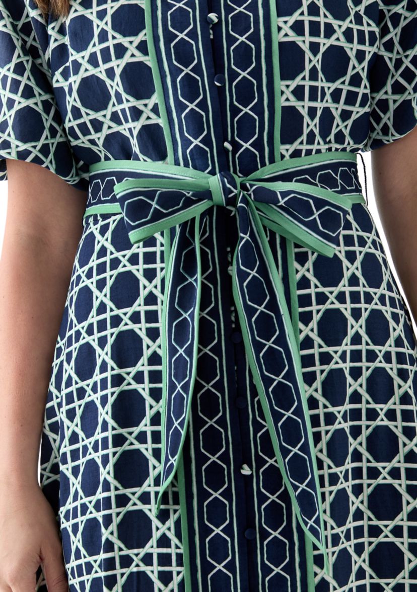 Womens Puff Sleeve Printed Collared Maxi Dress with Tie Waist
