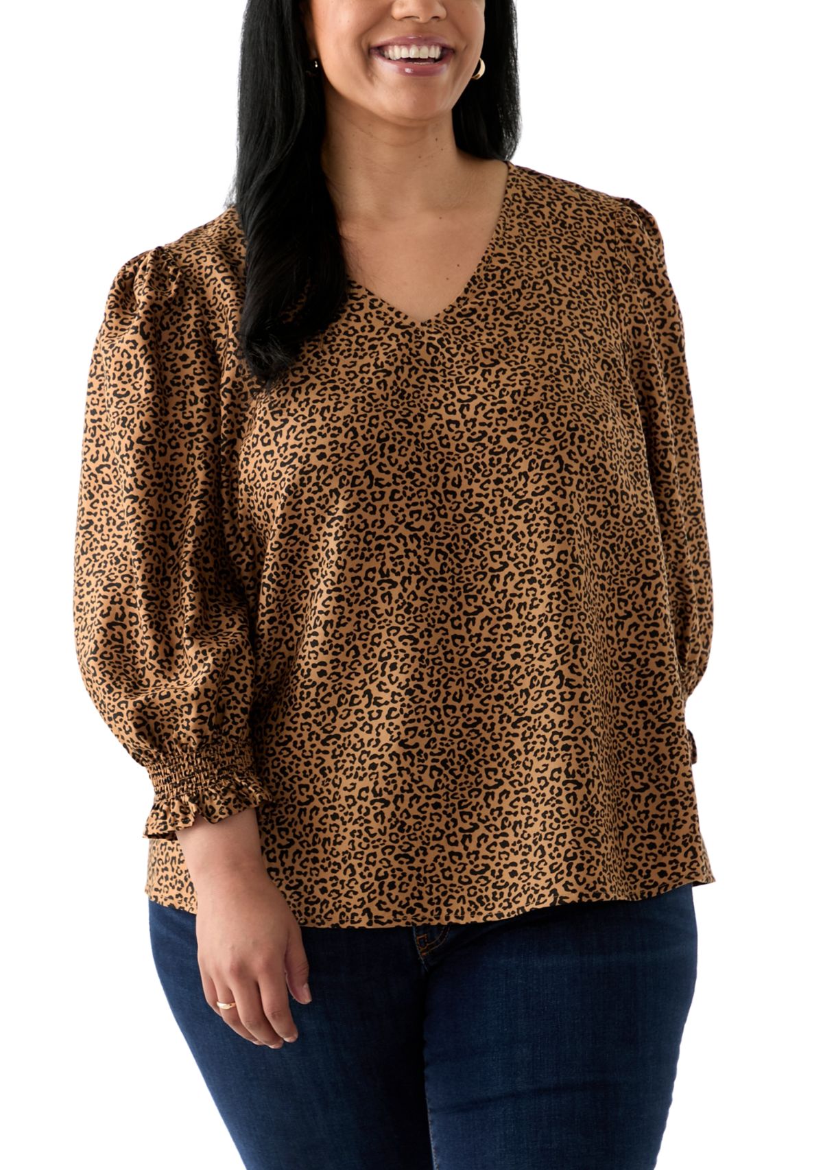 Plus Size 3/4 Sleeve Woven Print Blouse