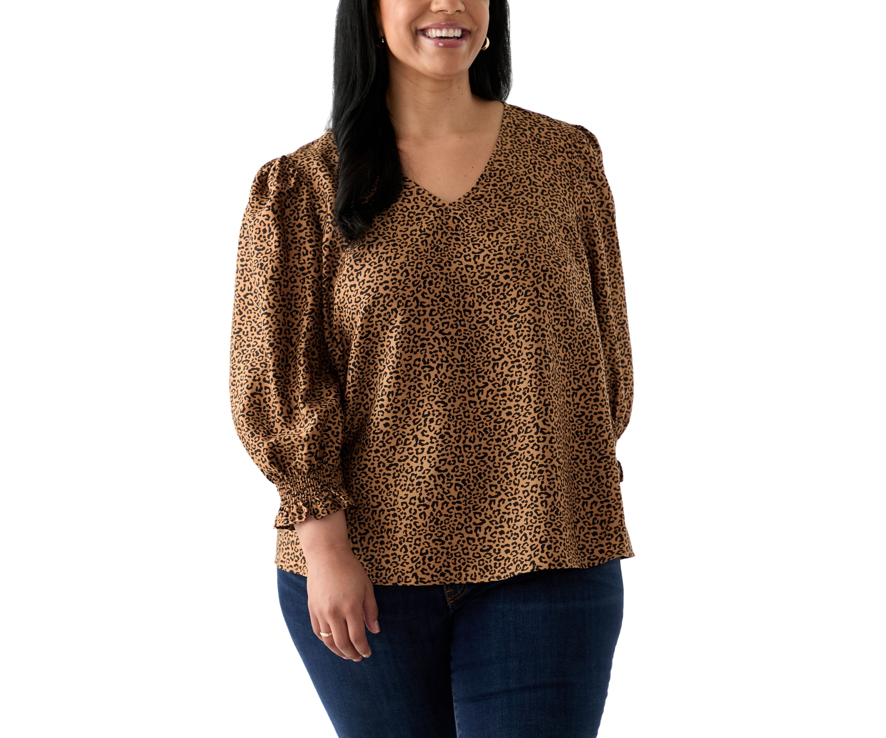 Plus Size 3/4 Sleeve Woven Print Blouse