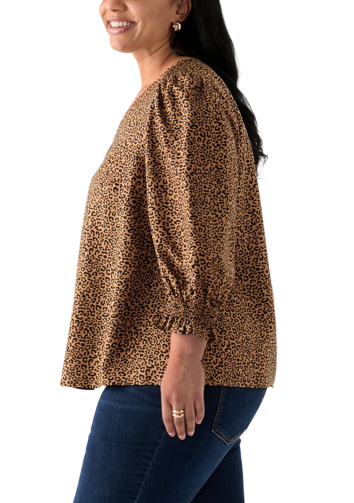 Plus Size 3/4 Sleeve Woven Print Blouse