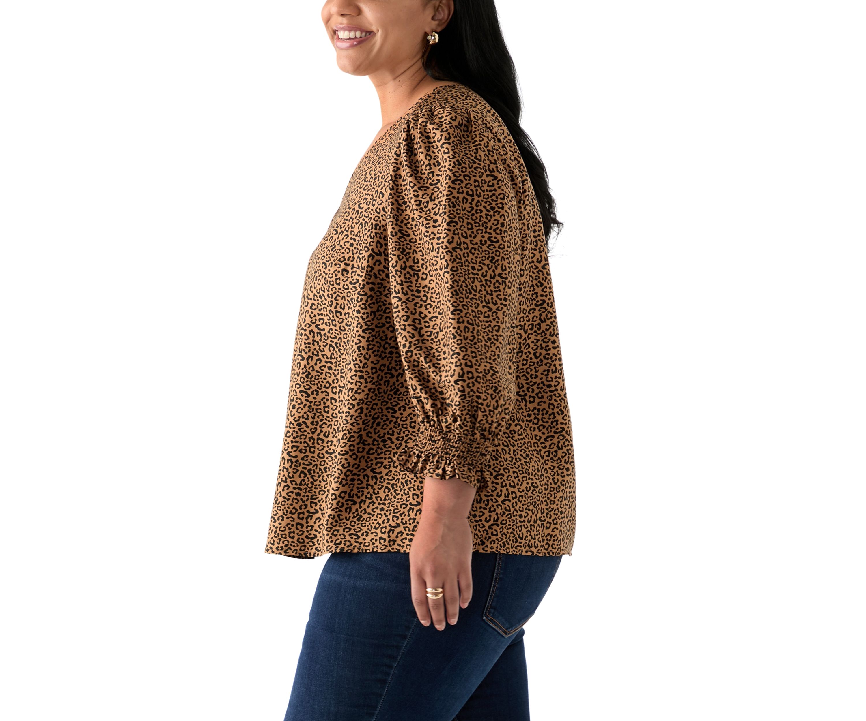 Plus Size 3/4 Sleeve Woven Print Blouse